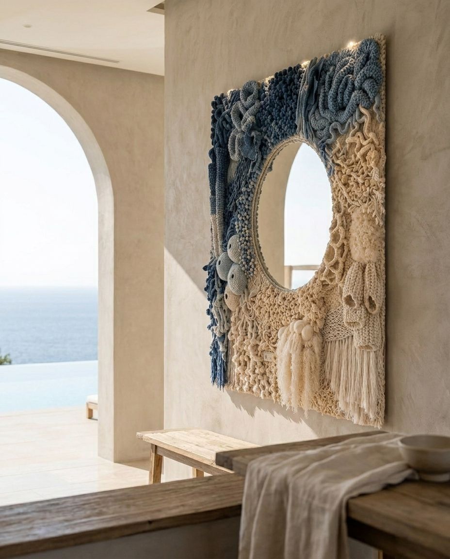 Macramé Mirror Surround (Blue/Cream)