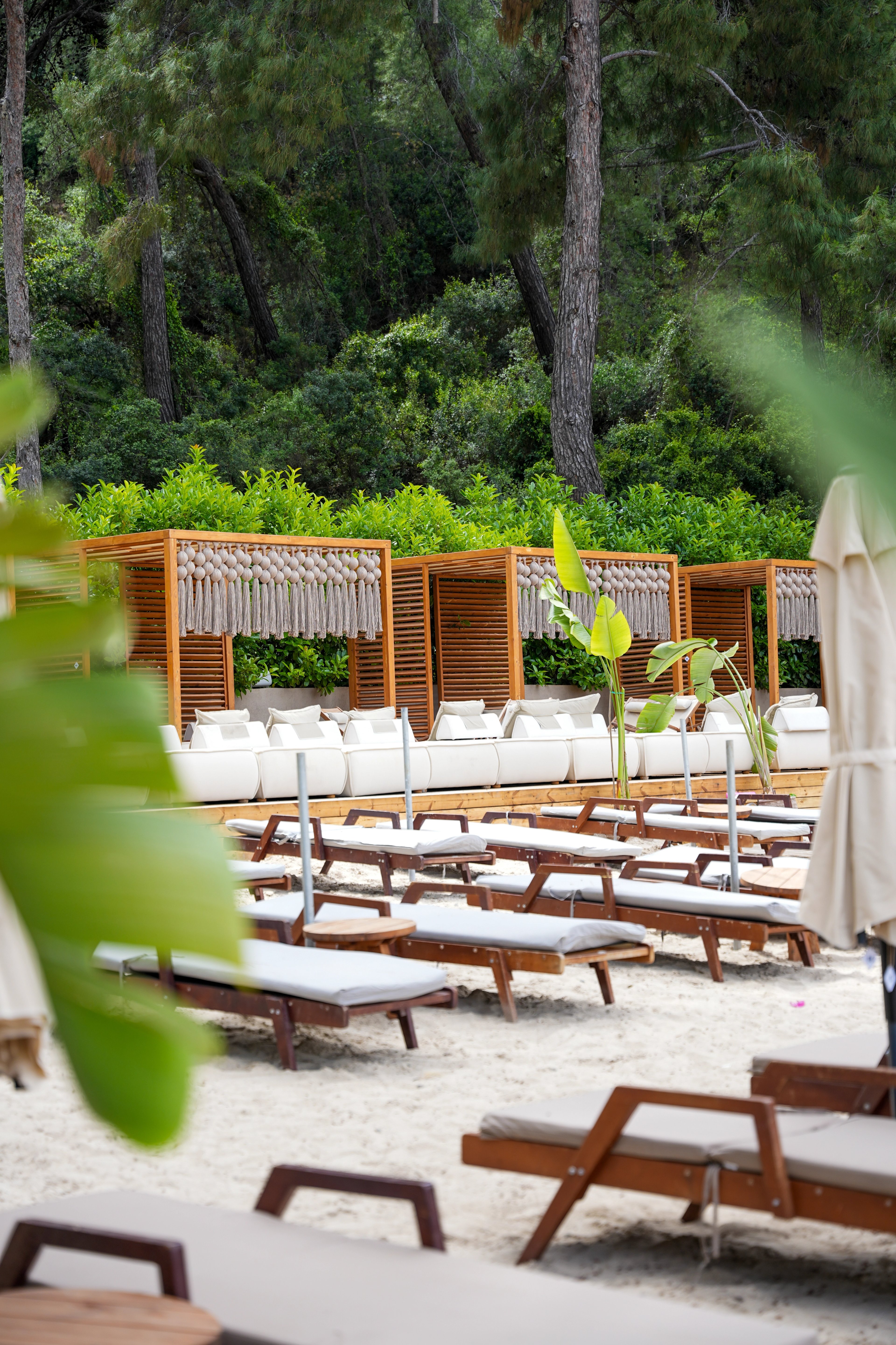 Fringed cabanas behind rows of white-cushioned beach loungers and timber tables at So Beach.