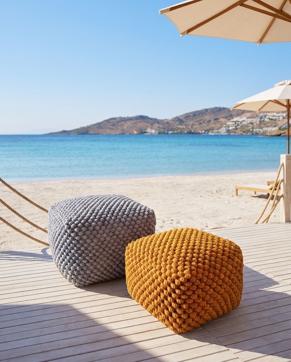 Chunky Knit Cube Pouf (Grey & Mustard)