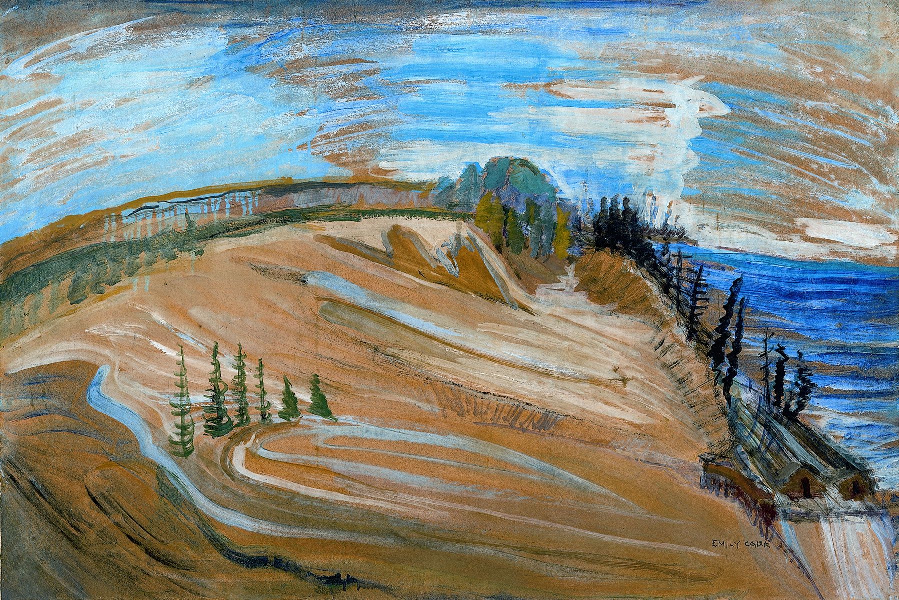 A painting by Emily Carr titled Coast Hill and Two Cabins.