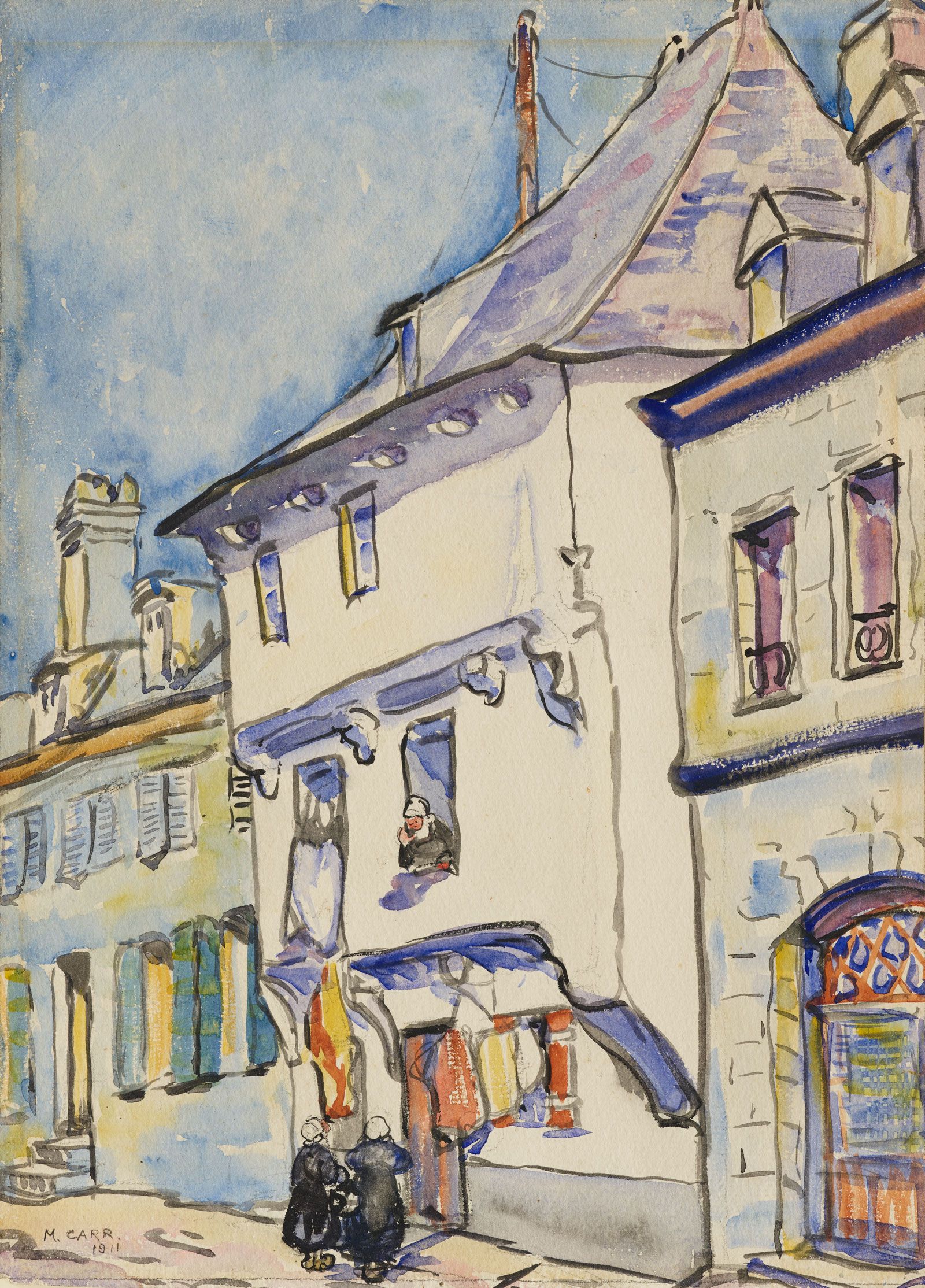 A watercolour painting by Emily Carr titled Brittany Street Scene.