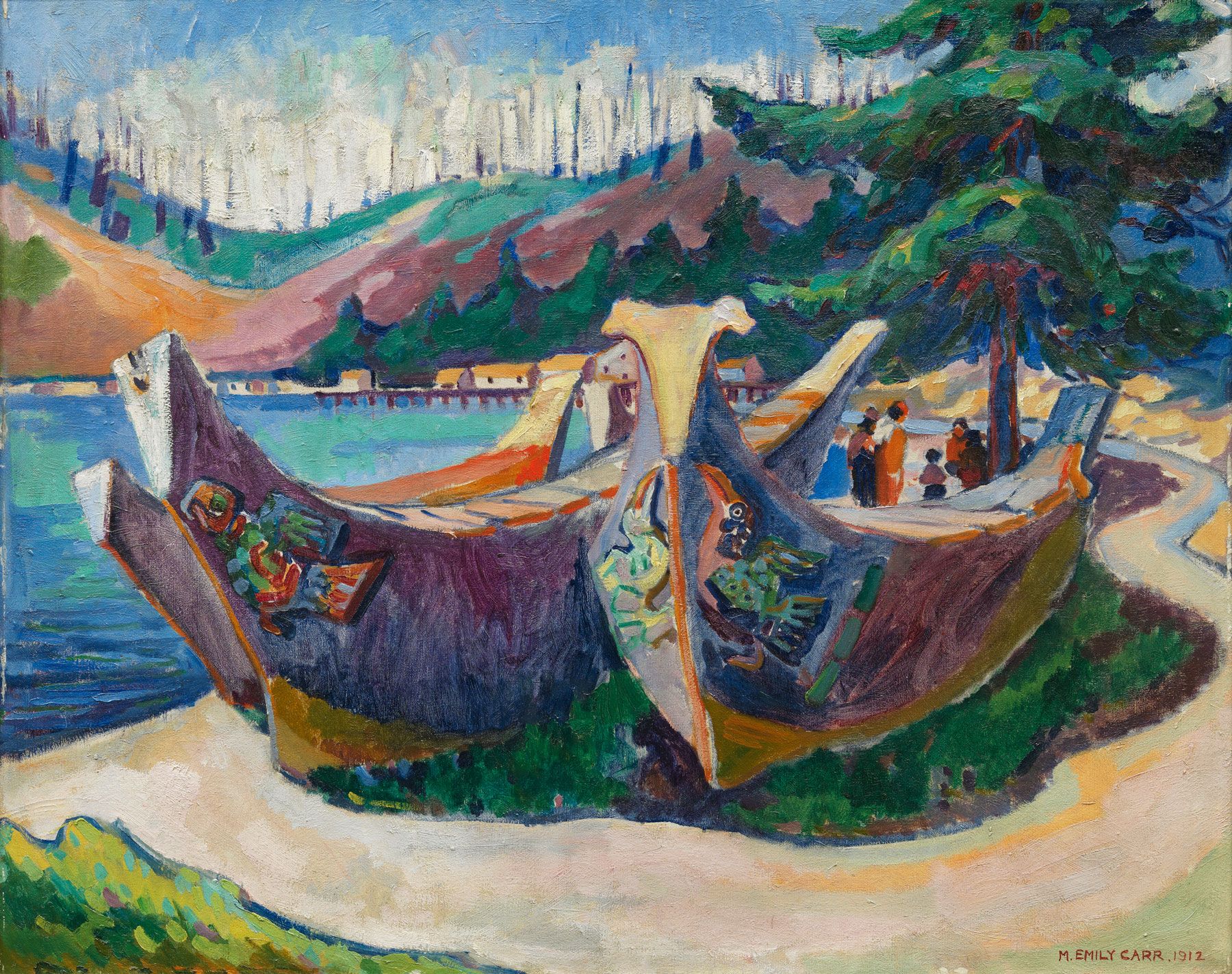 A painting by Emily Carr titled War Canoes.