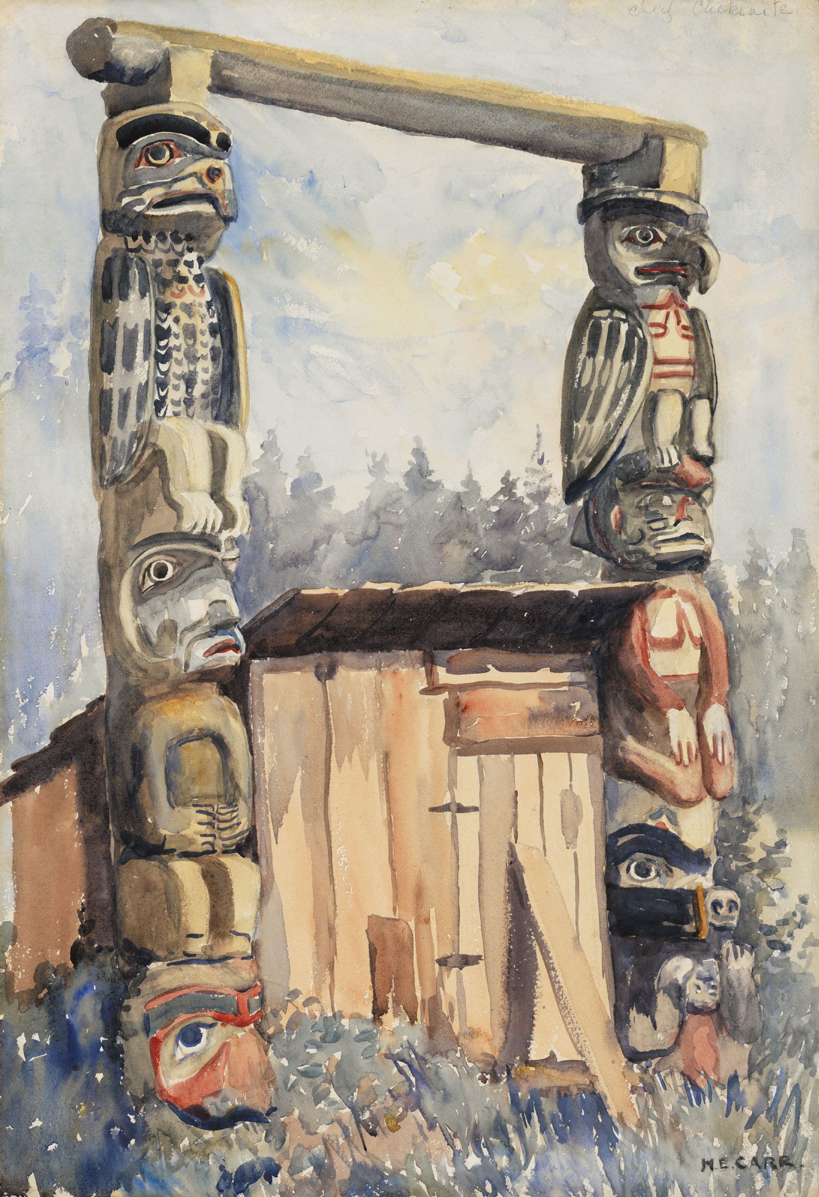 A painting by Emily Carr titled Cape Mudge Totem Poles.