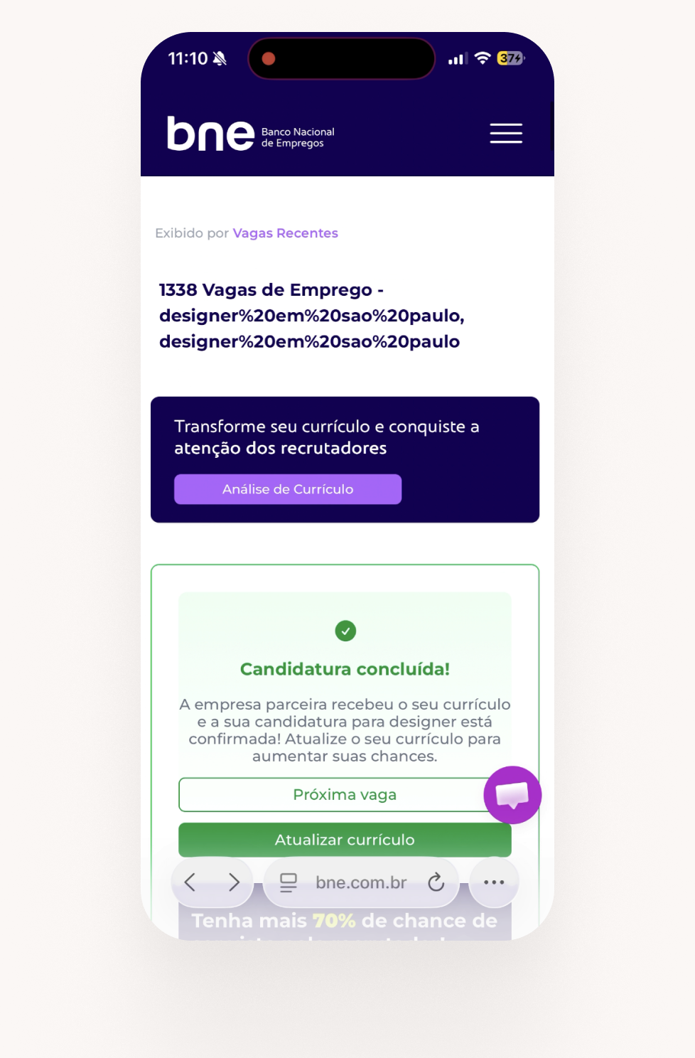 Tela antiga de confirmação de candidatura, sem sugestão de novas vagas