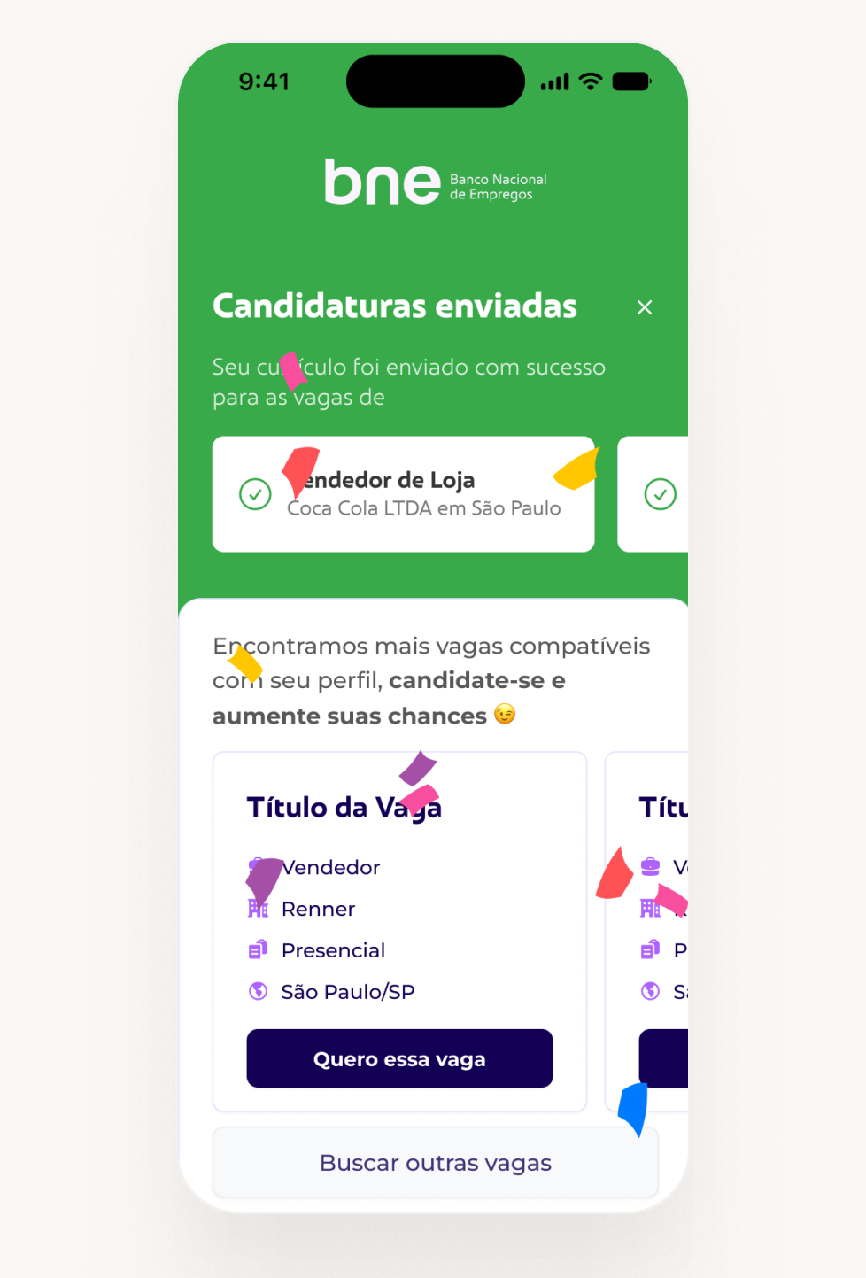 Tela nova de confirmação de candidatura já sugerindo vagas compatíveis para o próximo passo