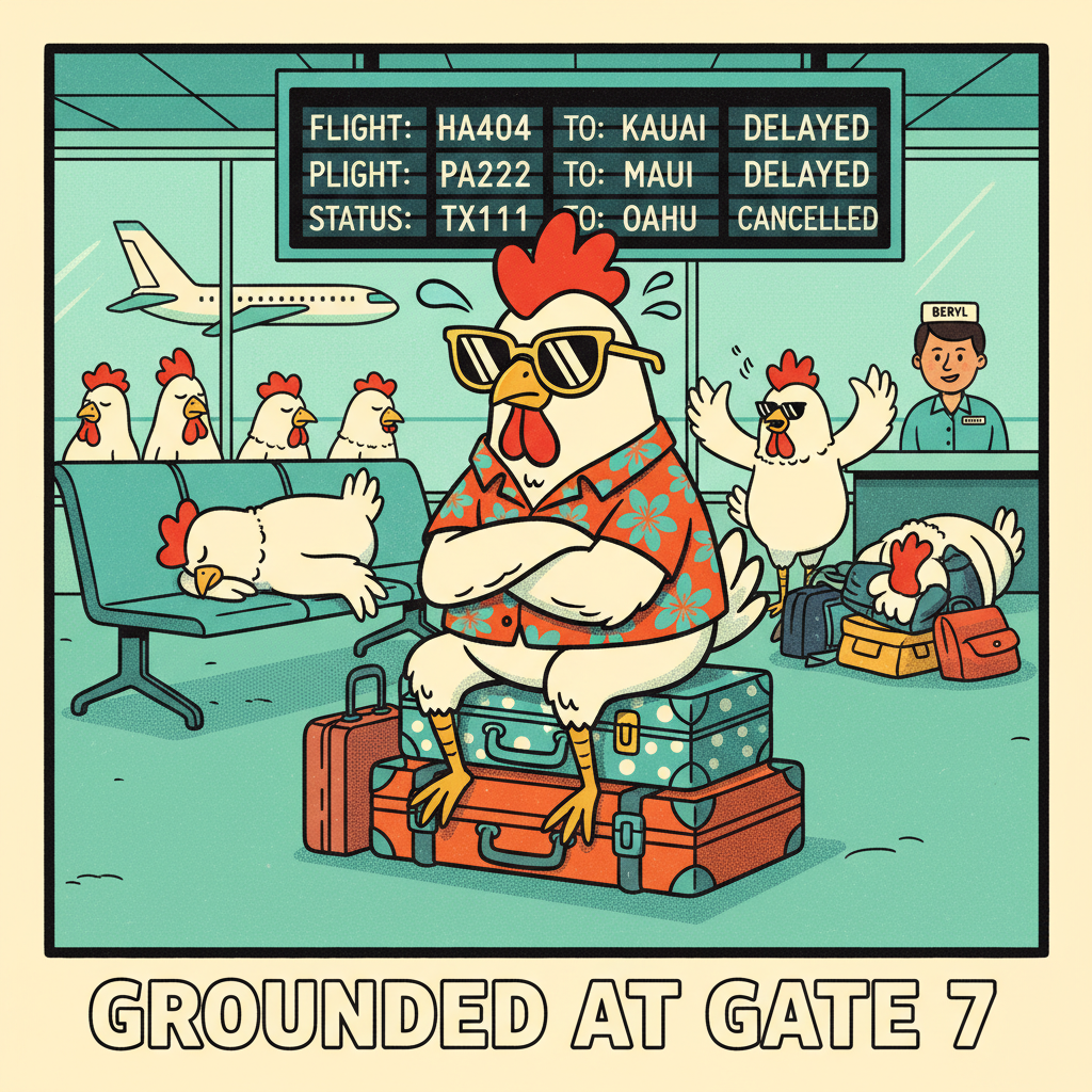 Frustrated chickens stuck at a chaotic airport gate with delayed flights on the board