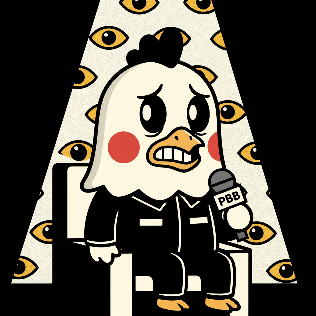 Chester the Chickenpie mascot in the Pinoy Big Brother confession booth, looking anxious with dramatic lighting and Big Brother eye logo in background