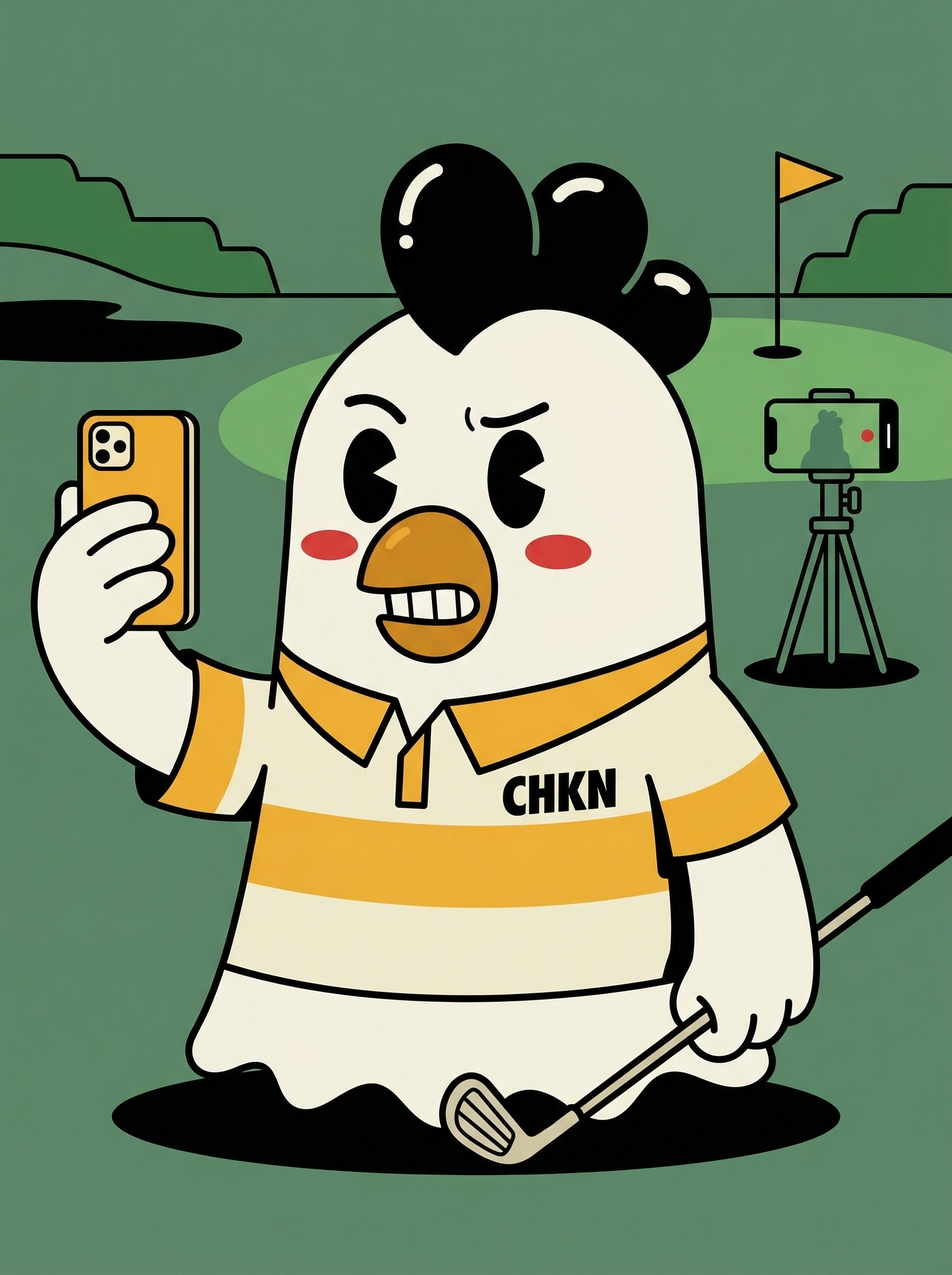 Chester Cluck as viral golf influencer taking selfie on golf course with smartphone and golf clubs, flat vector illustration in Chickenpie brand style