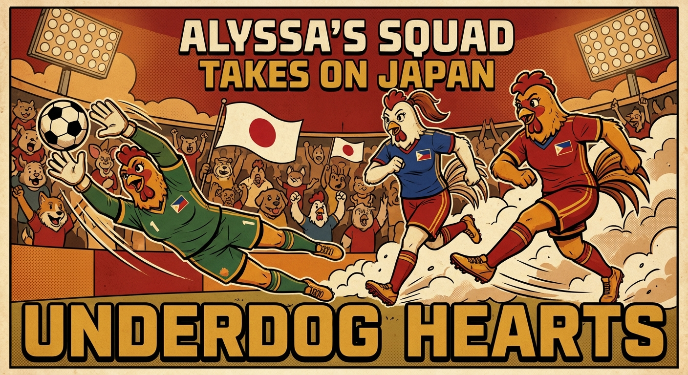 Philippine women football players in intense match moment vs Japan, goalkeeper diving save, striker action, team energy, stadium lights