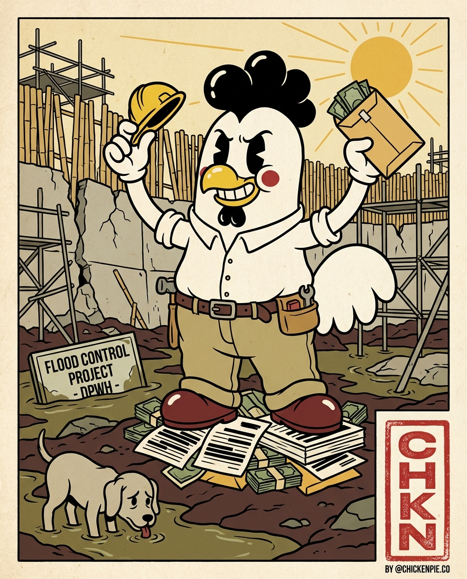 Mr. Chicken the white chicken character stands triumphantly on a pile of documents and cash at a chaotic Manila construction site, wearing a tiny yellow hard hat, holding a Manila envelope stuffed with bills.