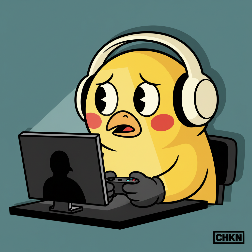 Mr. Chicken mascot wearing gaming headphones with concerned expression, looking at glowing screen showing shadowy figure silhouette, Chickenpie brand illustration