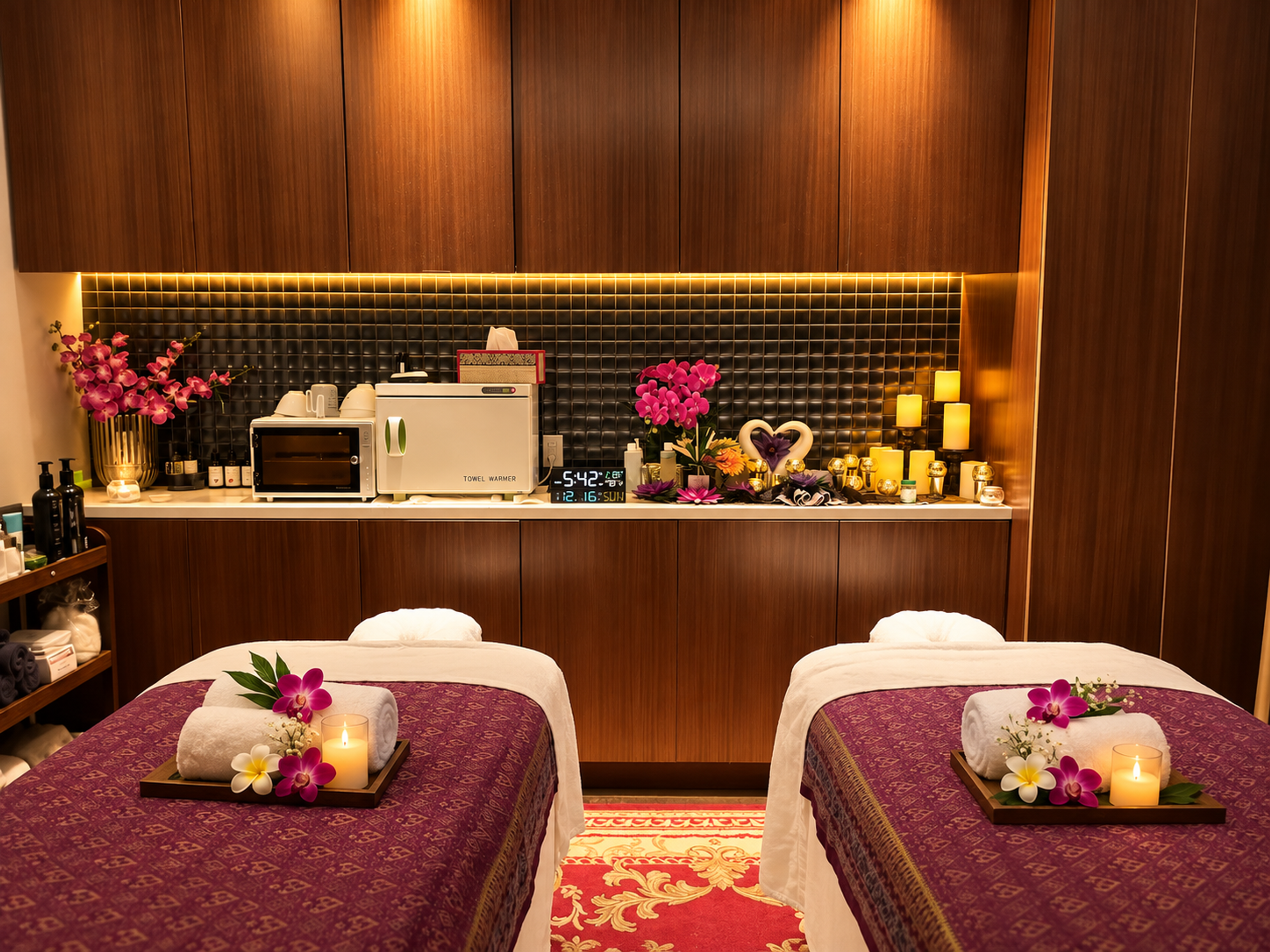 The couples treatment room, two tables made up with folded towels, orchids and a lit candle on each