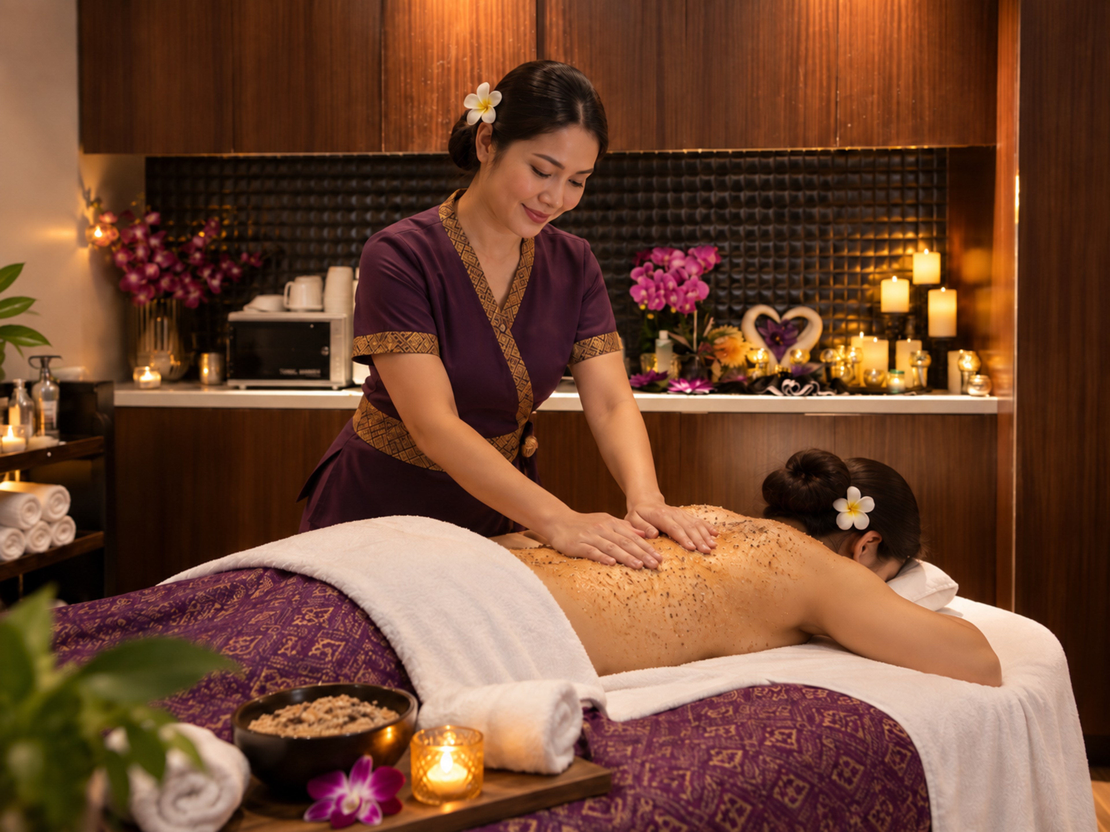 A therapist works an herbal scrub across a client's back, a bowl of exfoliant on the table beside them