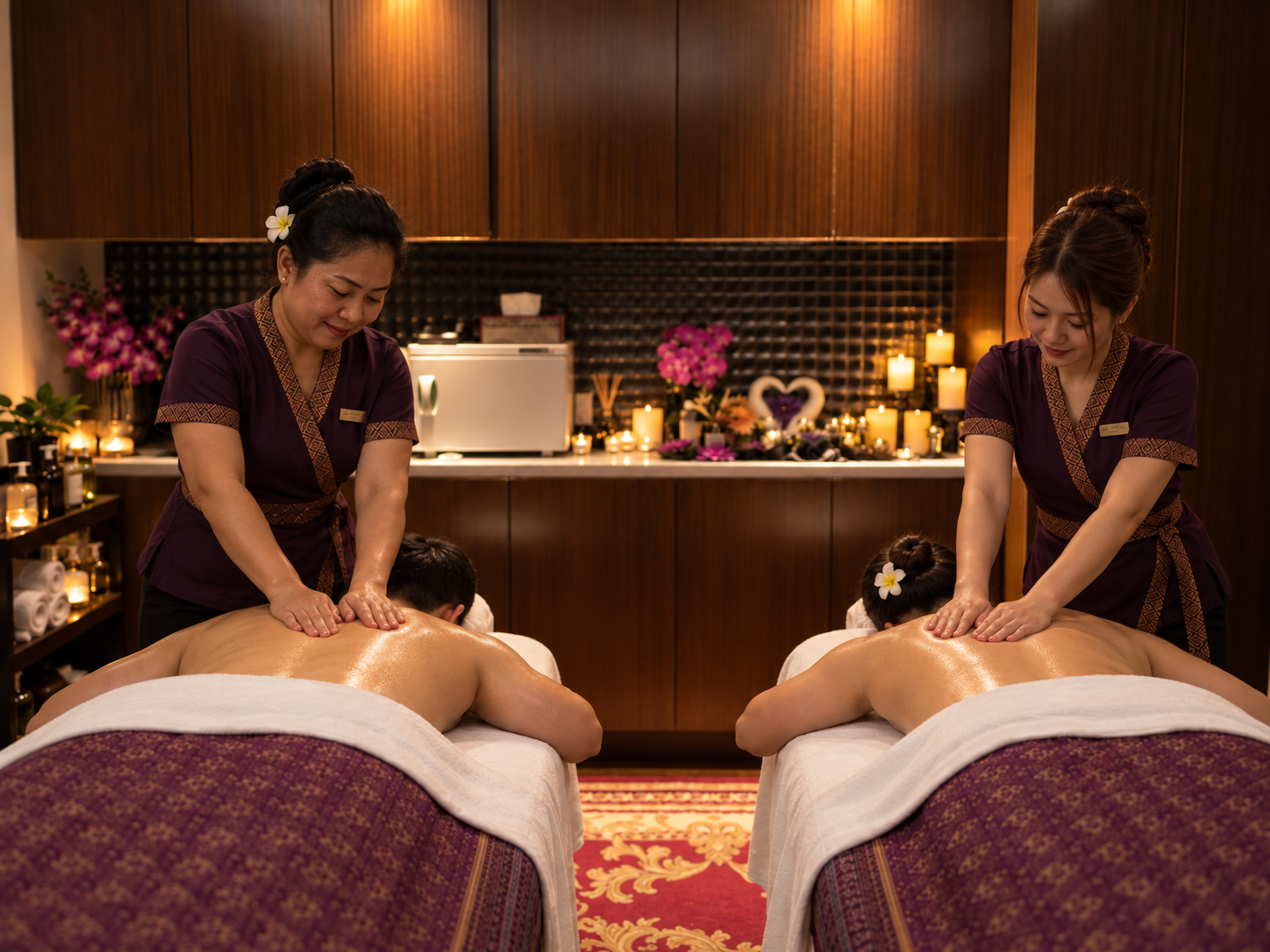 Two therapists give side-by-side massages to two clients on neighbouring tables in the couples room