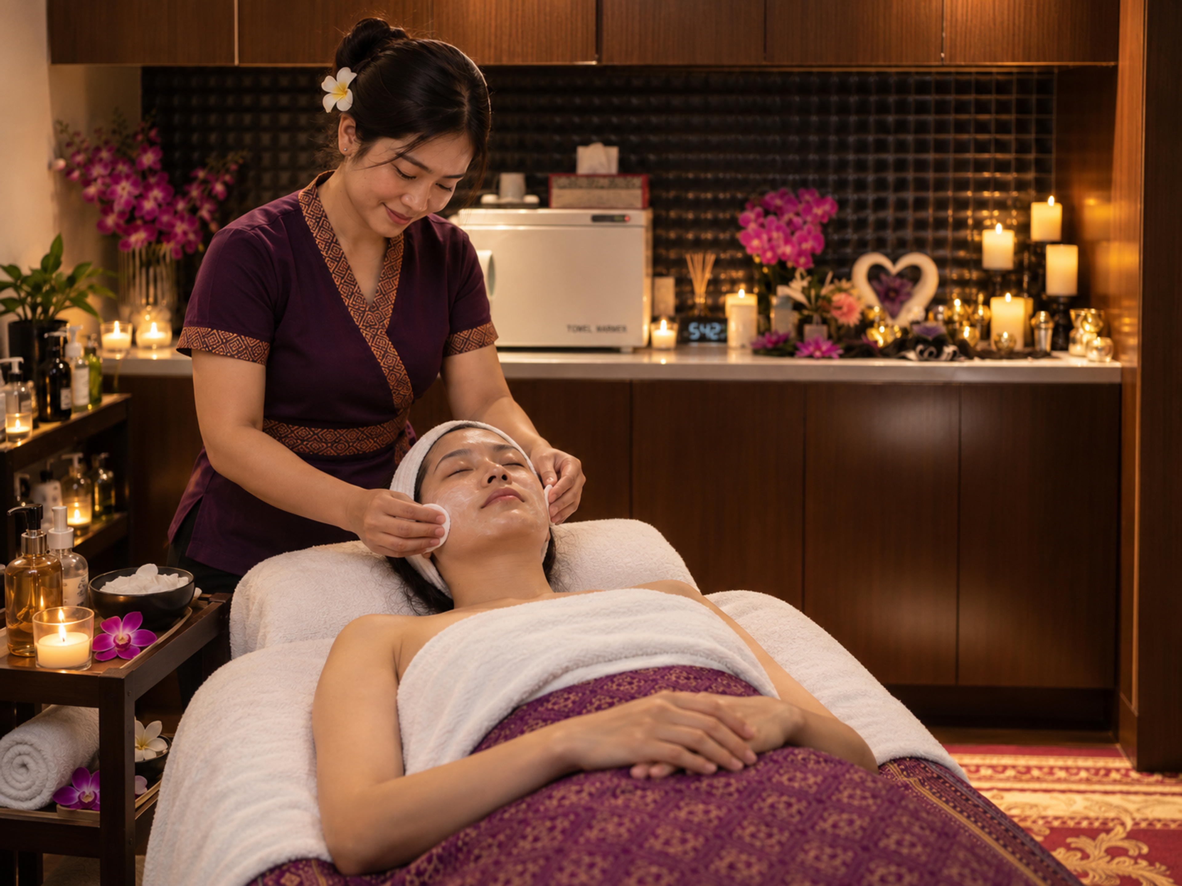 A therapist cleanses a client's face during a facial, the client wearing a white spa headband