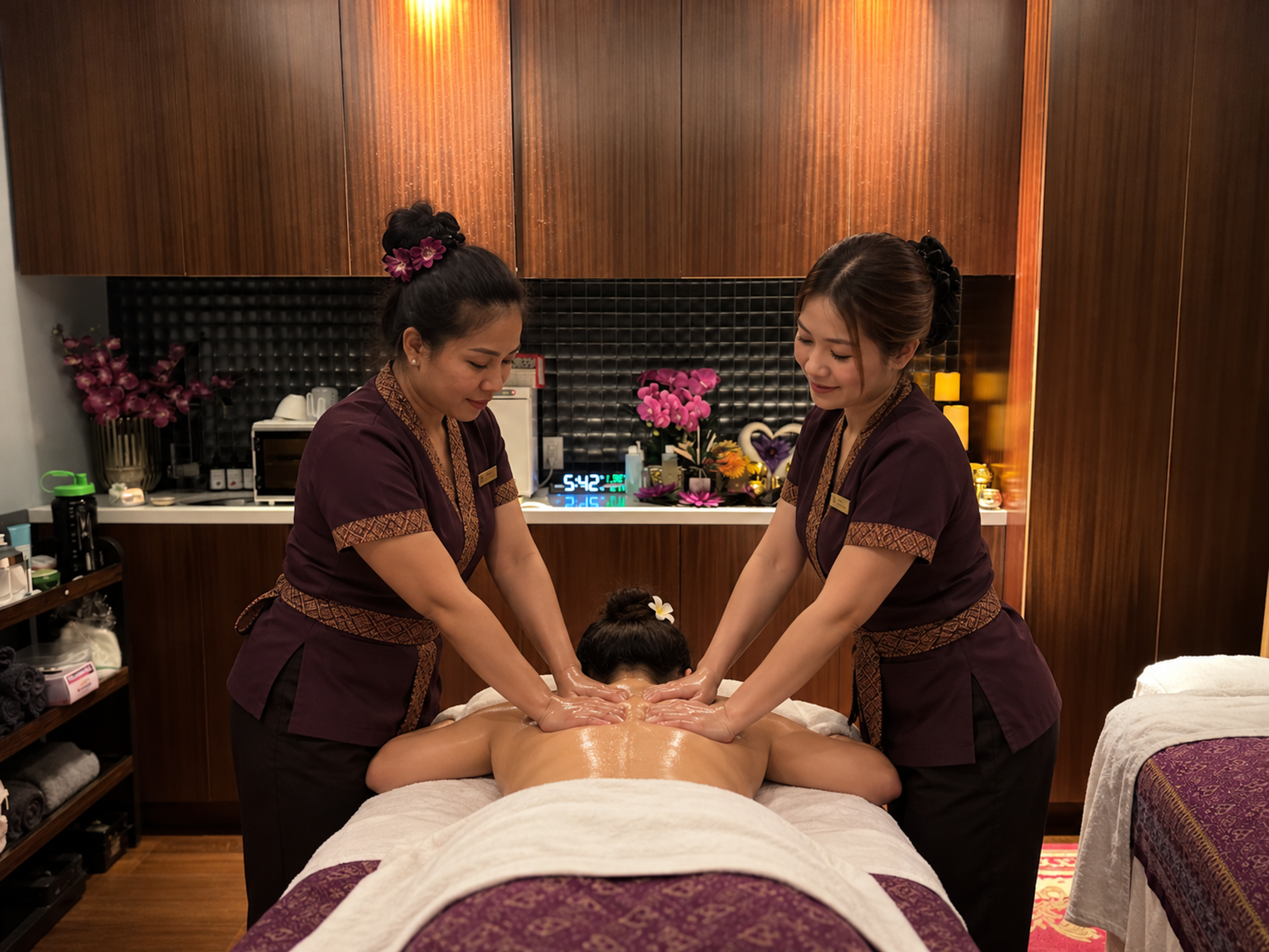 Two therapists working together on one client's back and shoulders during a four hands massage