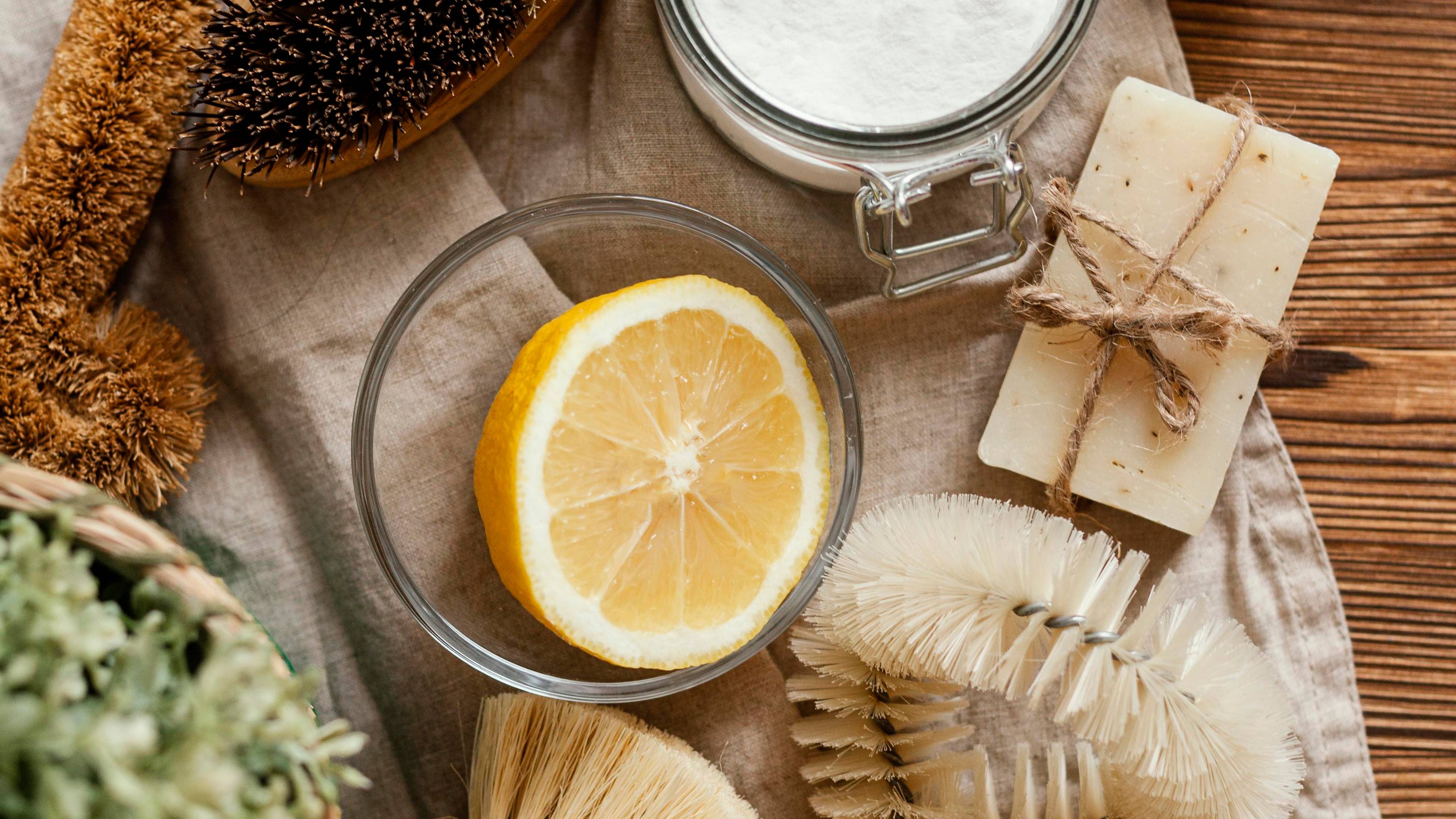 Flat lay of organic cleaning materials including brushes.