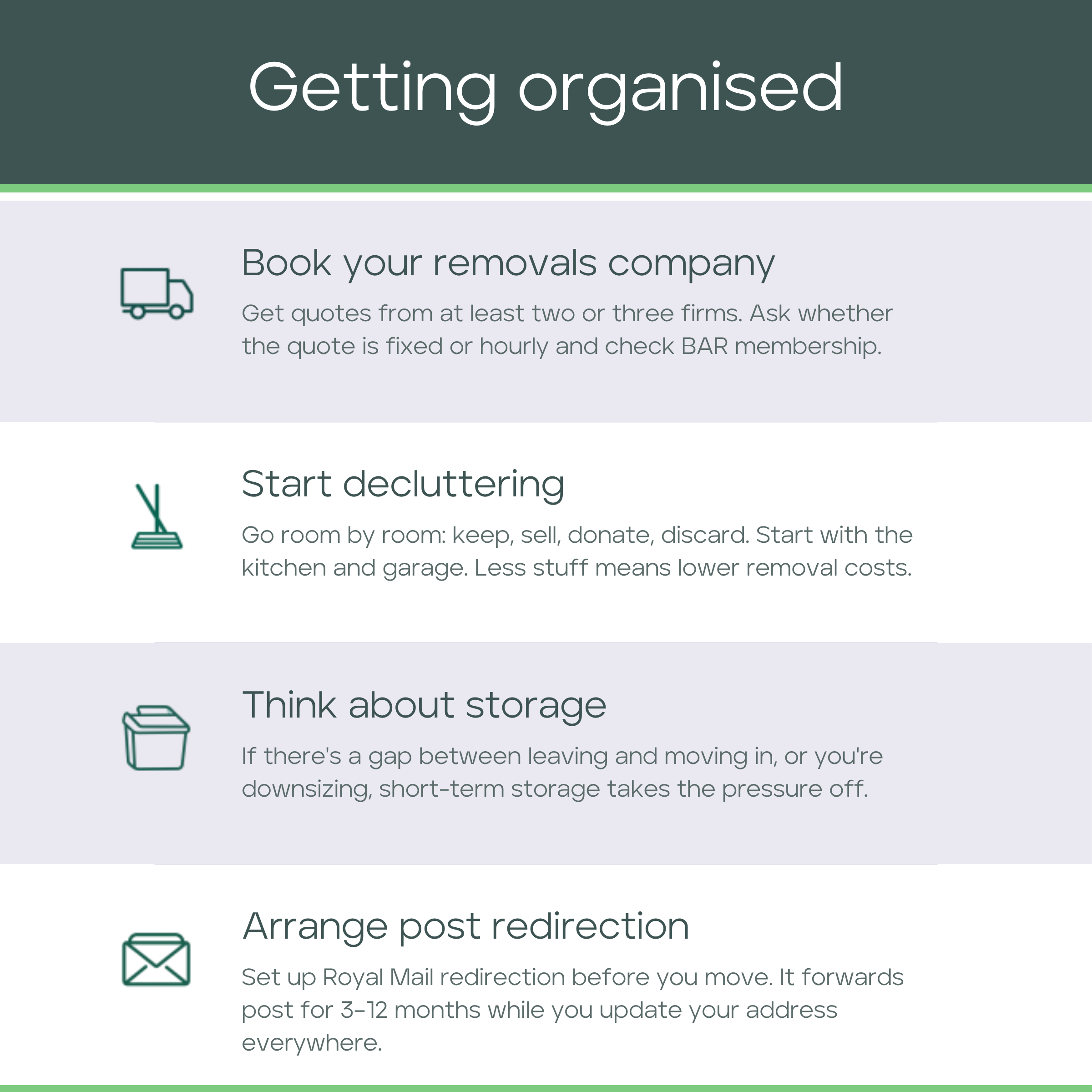 Moving checklist for 4-6 weeks before: book removals, declutter, arrange storage, and set up post redirection