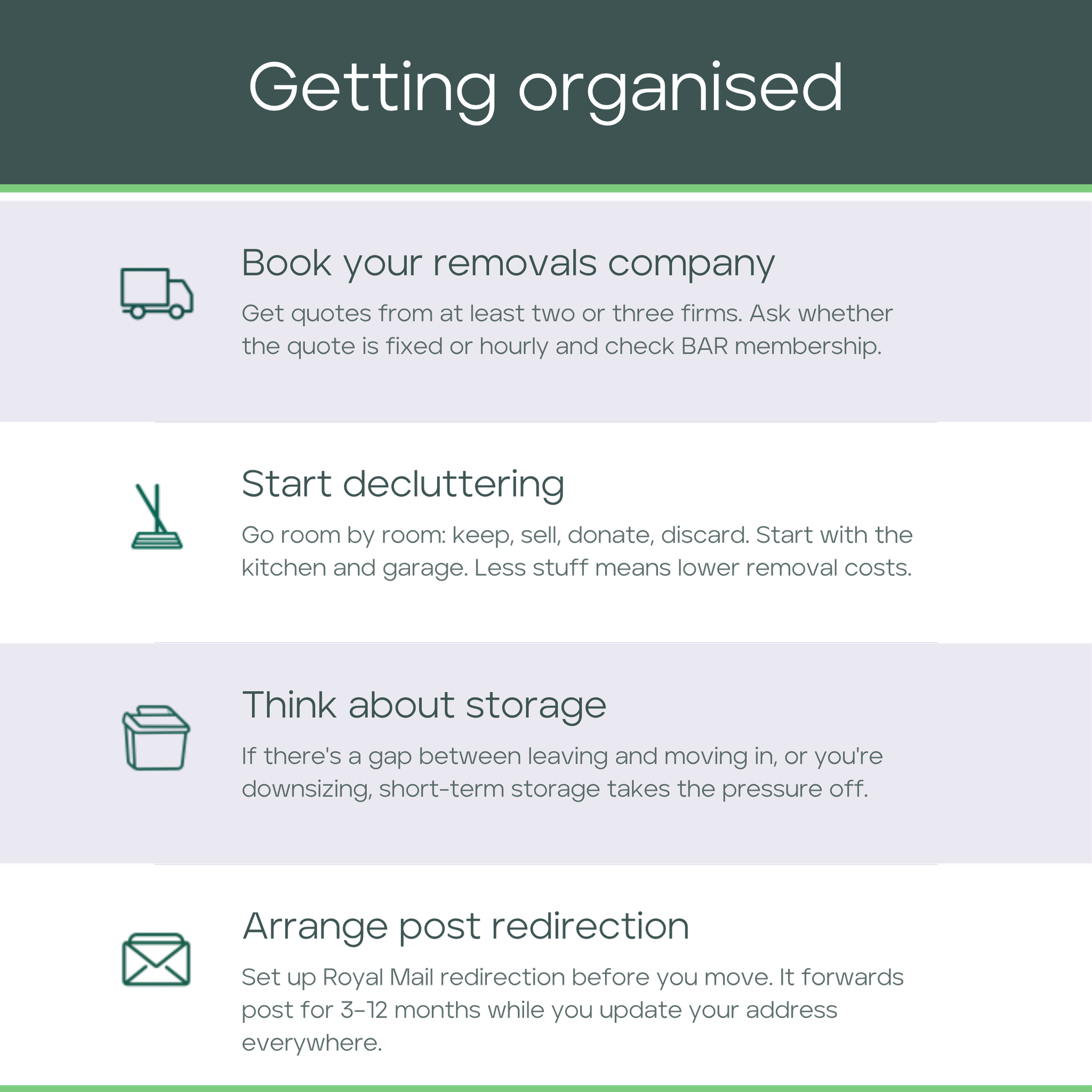 Moving checklist for 4-6 weeks before: book removals, declutter, arrange storage, and set up post redirection