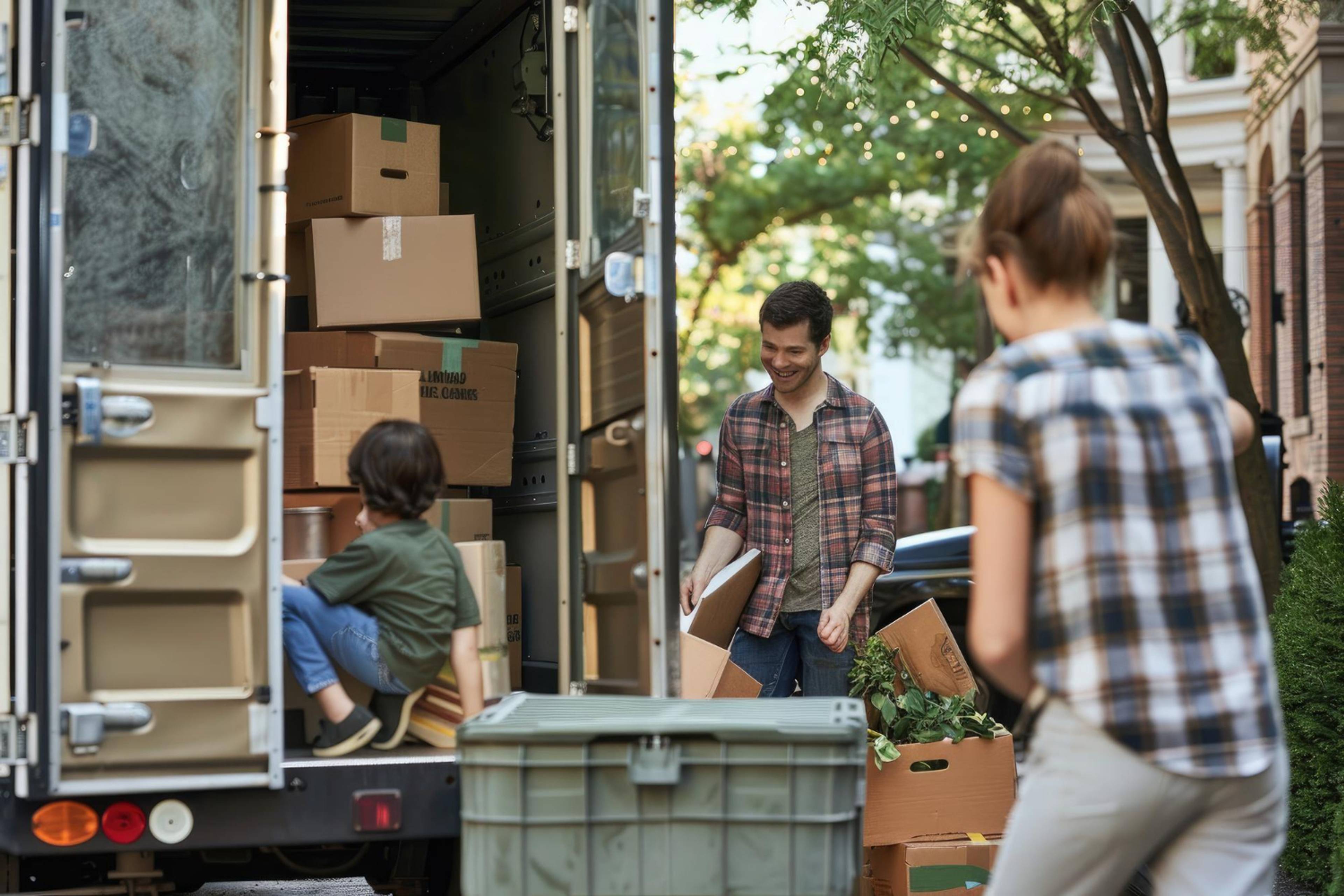 Family moving house with van