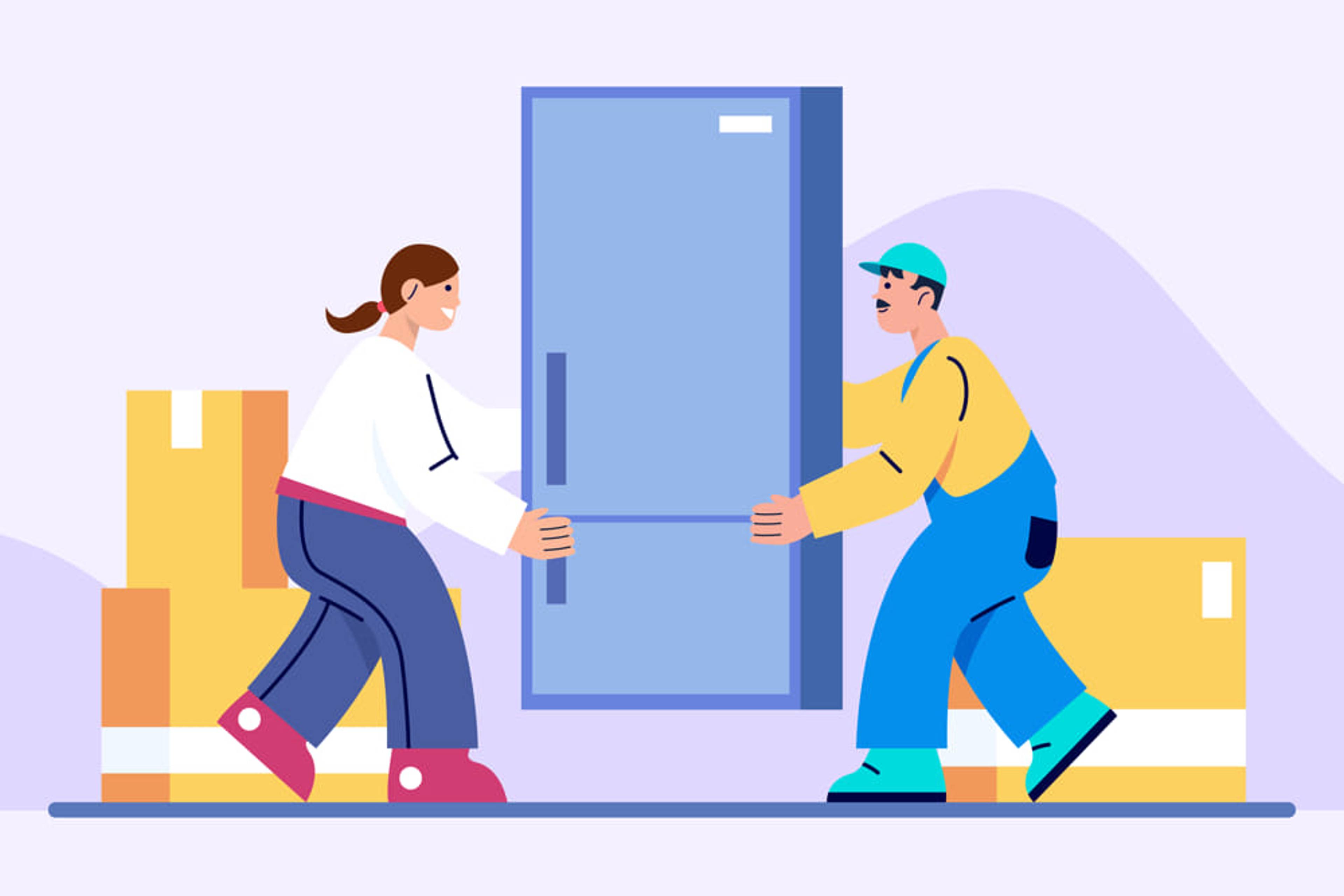 Graphic of two people moving a fridge with storage boxes in the background