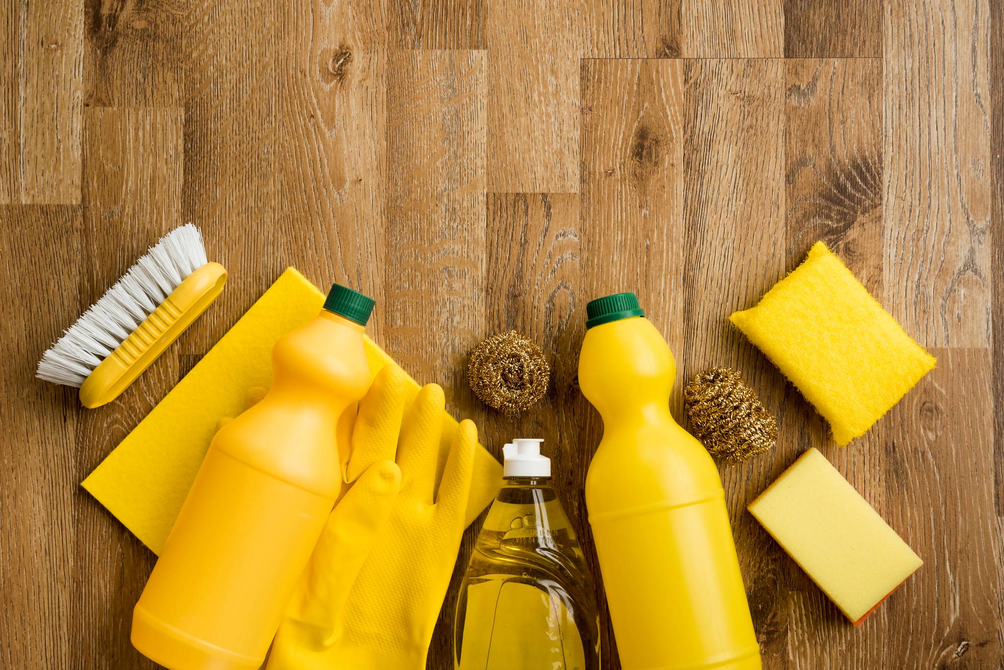 Cleaning items on wood floor