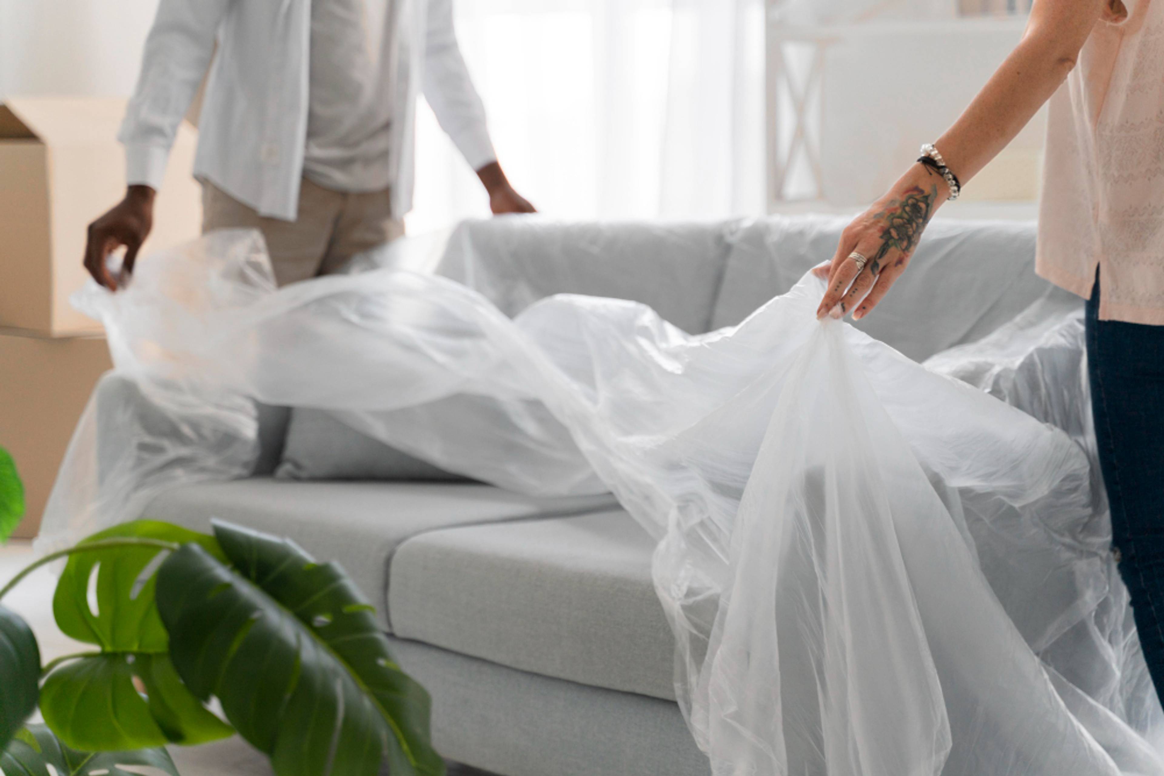 couple wrapping sofa in cover