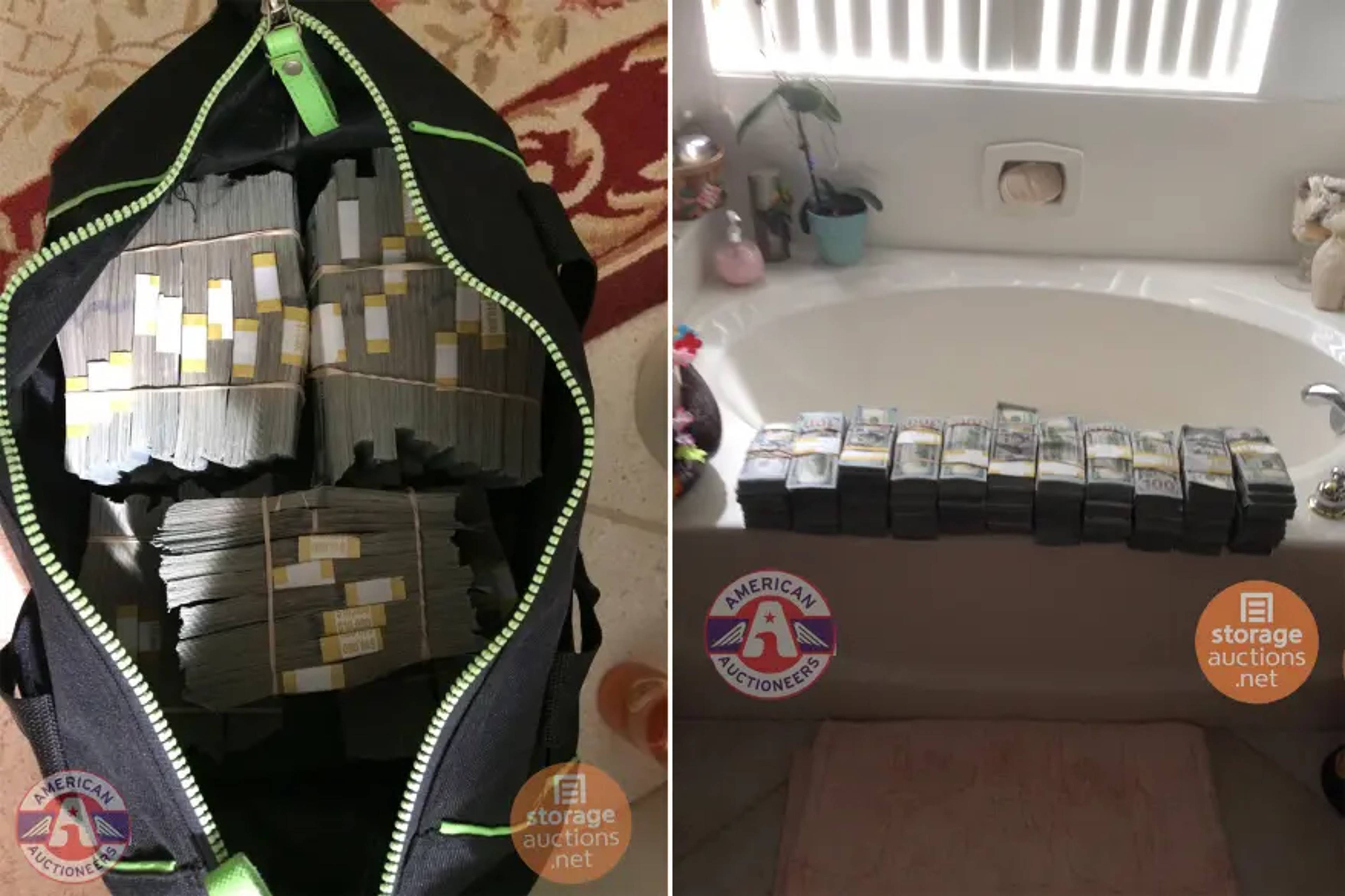 bag of cash and cash stacked on bath 2 photos