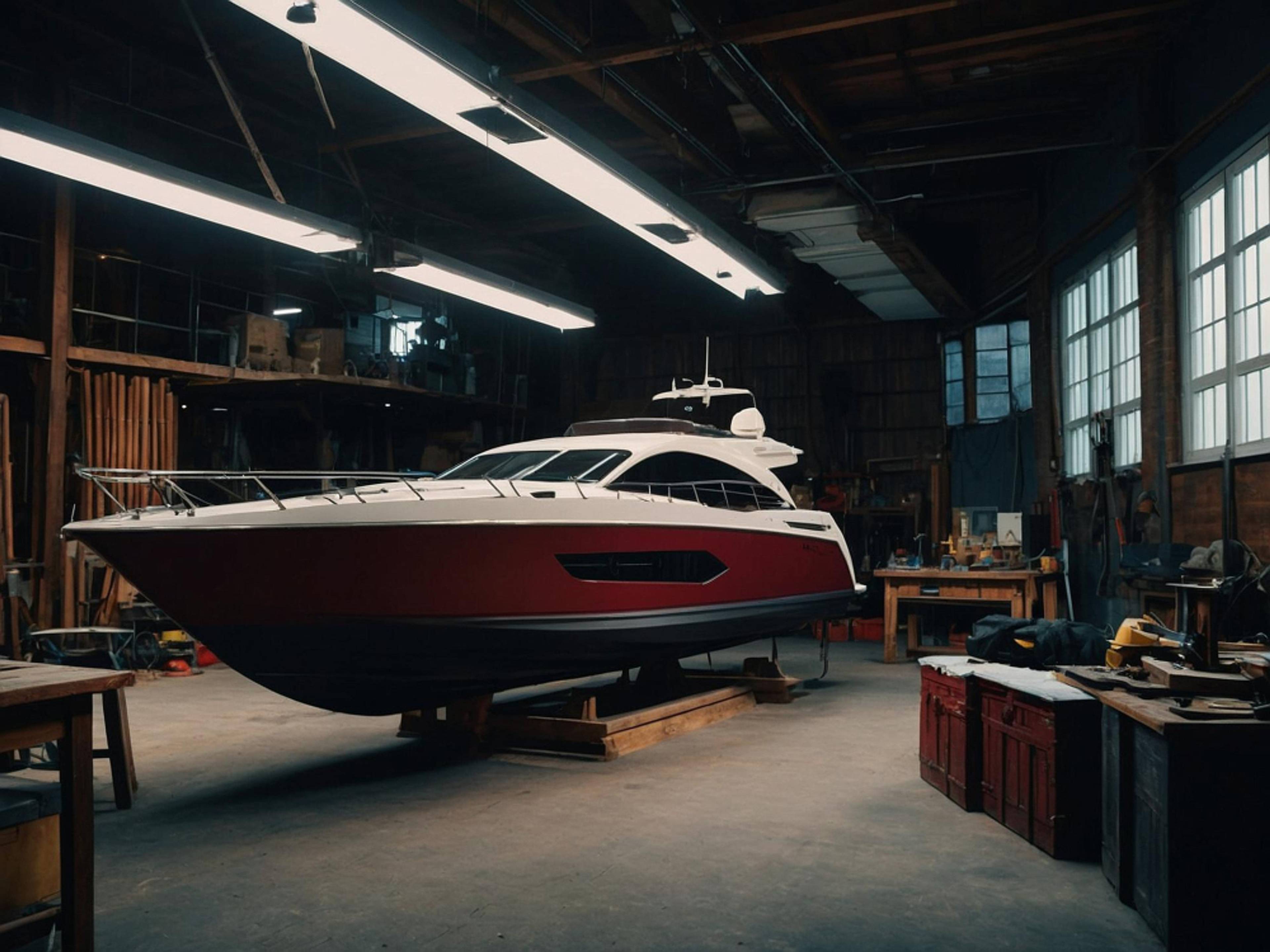 A boat stored in a garage