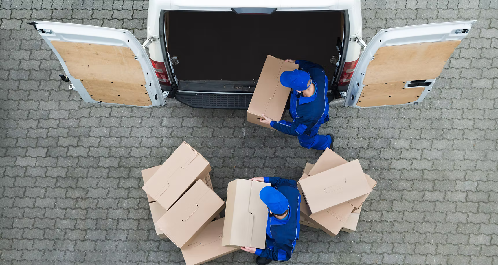 birds eye view delivery men loading van