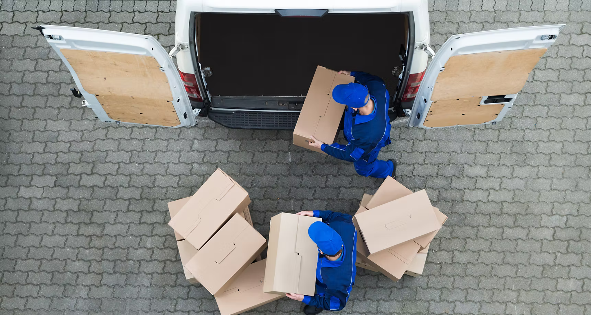 birds eye view delivery men loading van