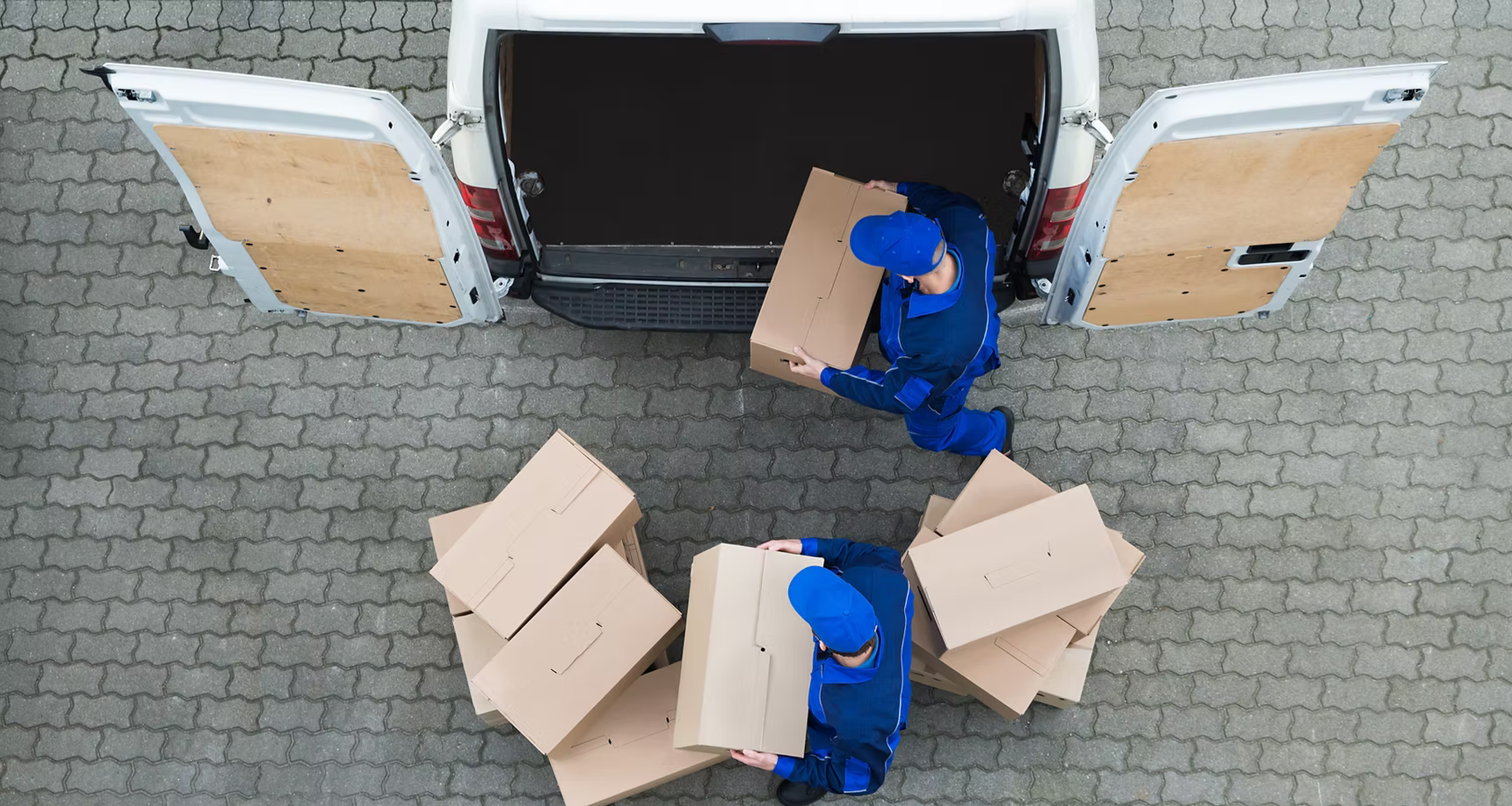 birds eye view delivery men loading van