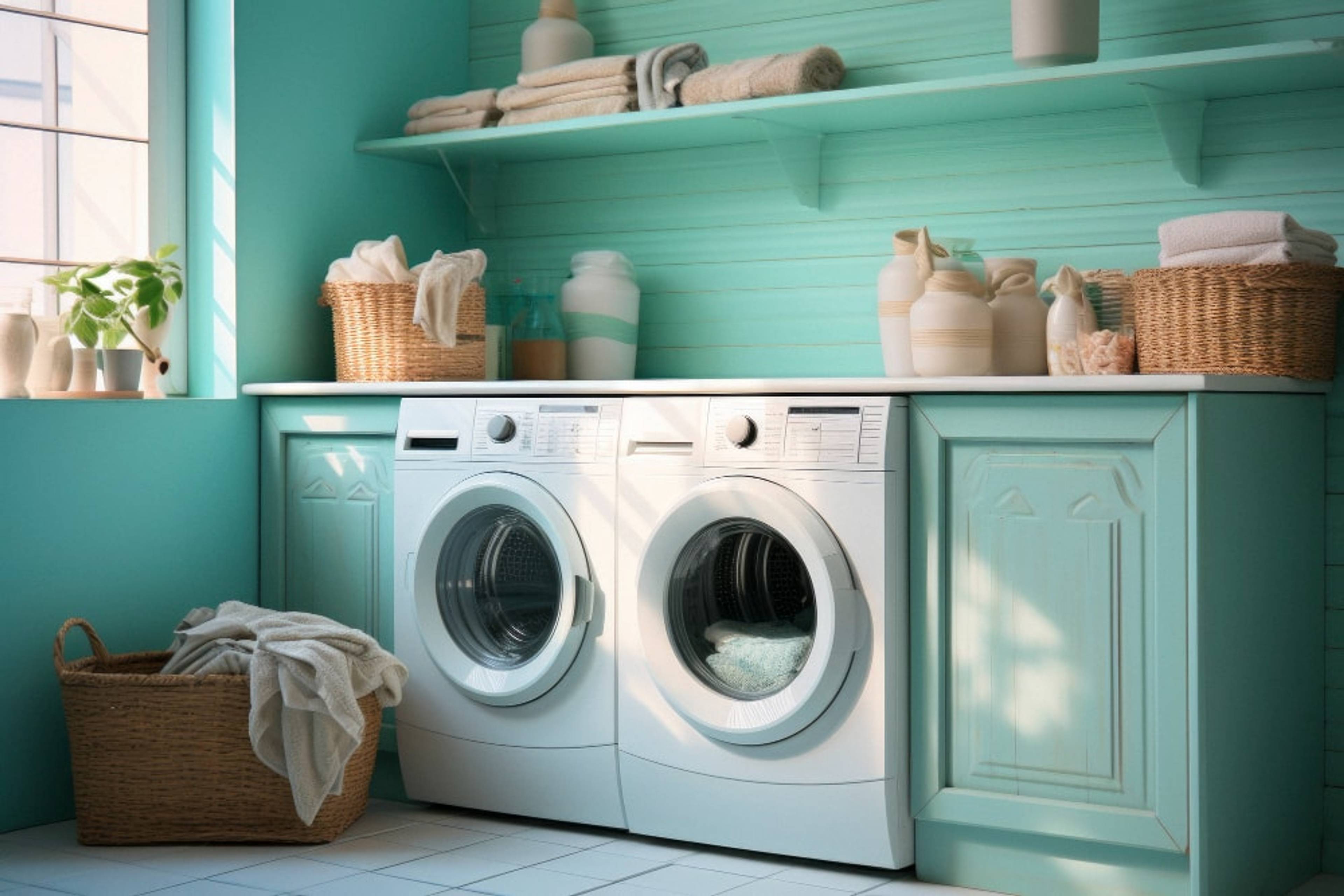 An AI generated image of a washer and dryer next to each other in a green laundry room