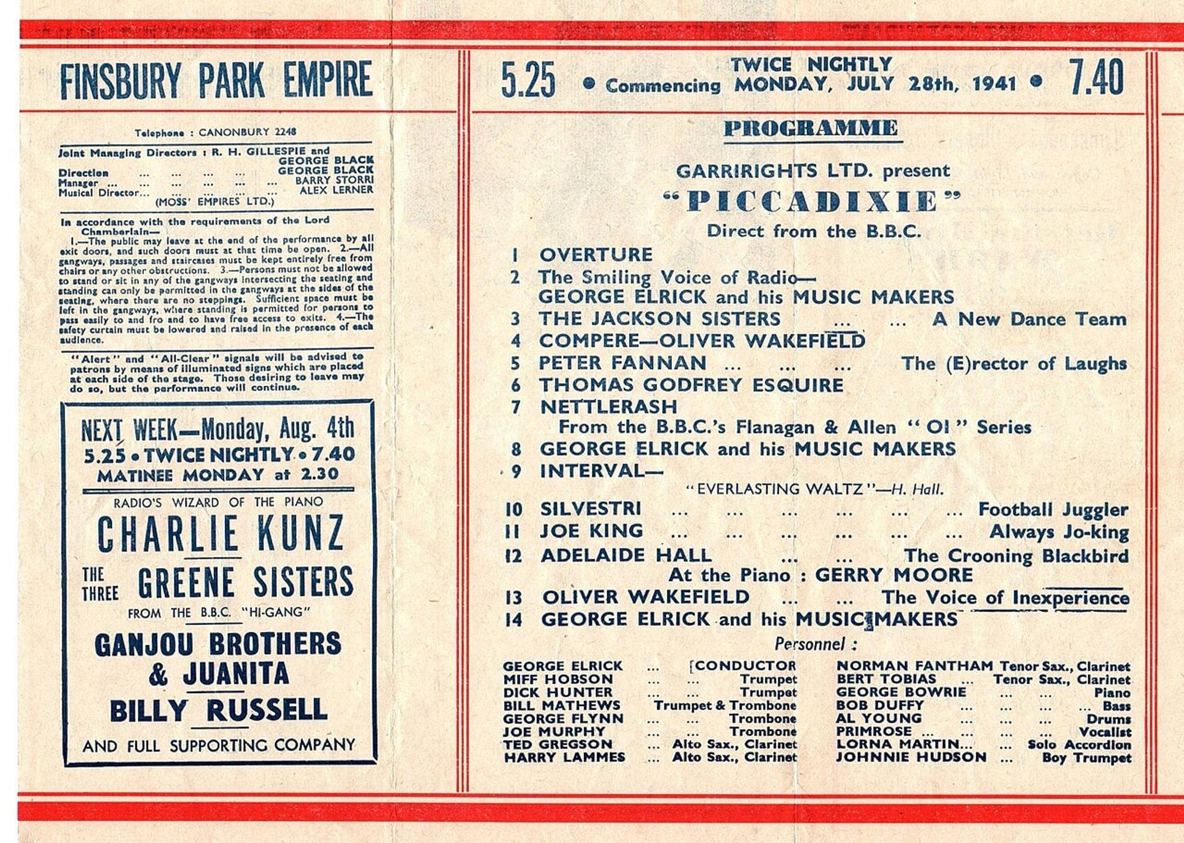 Show itinerary from 1941