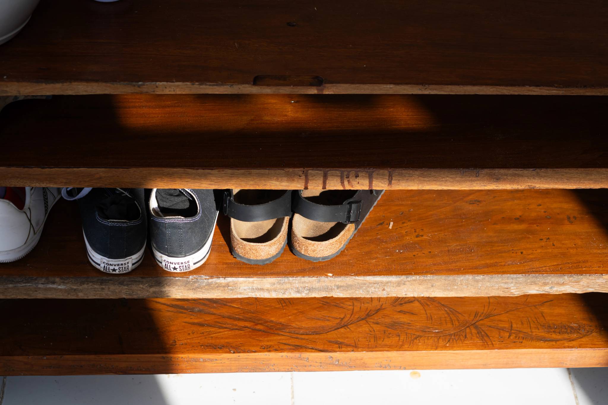 Wooden Shoe Rack with Various Footwear