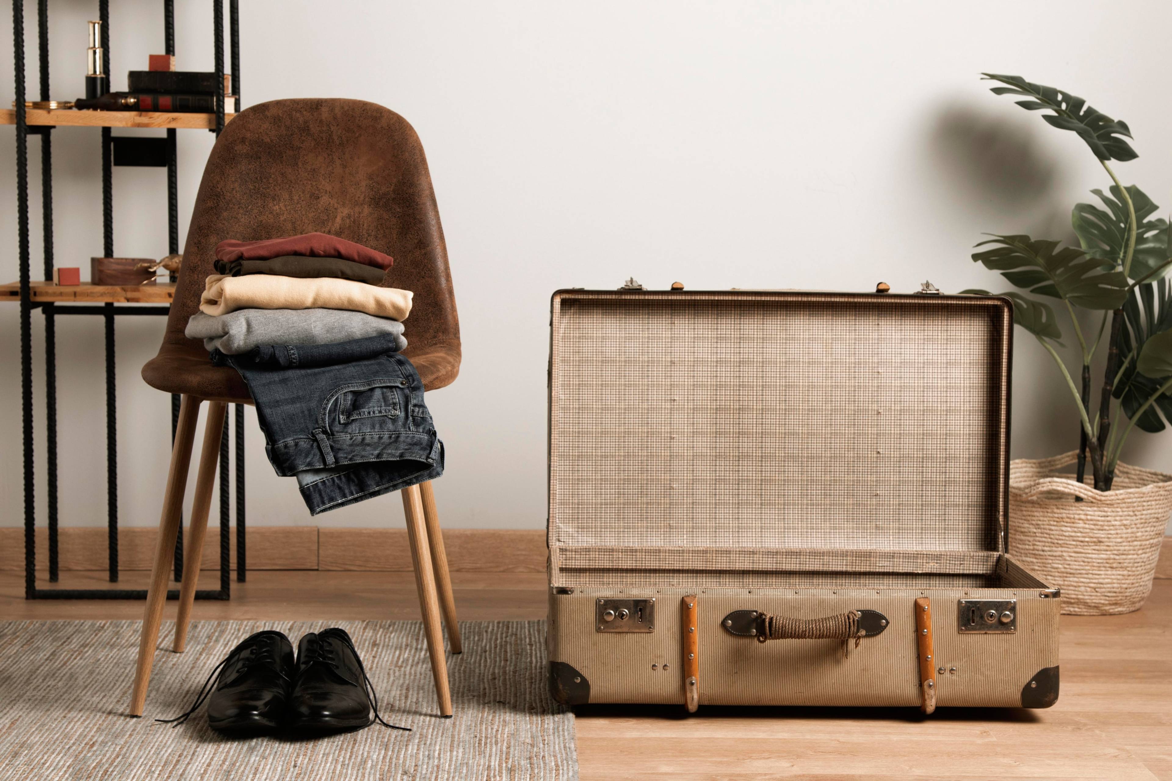 A chair with clothes on top and an open suitcase.