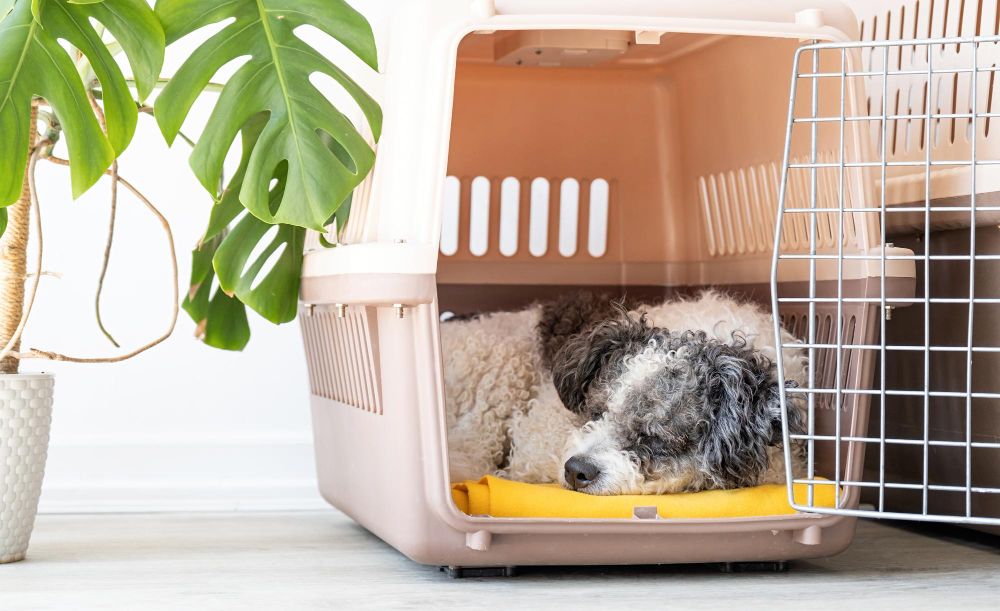 dog asleep in crate