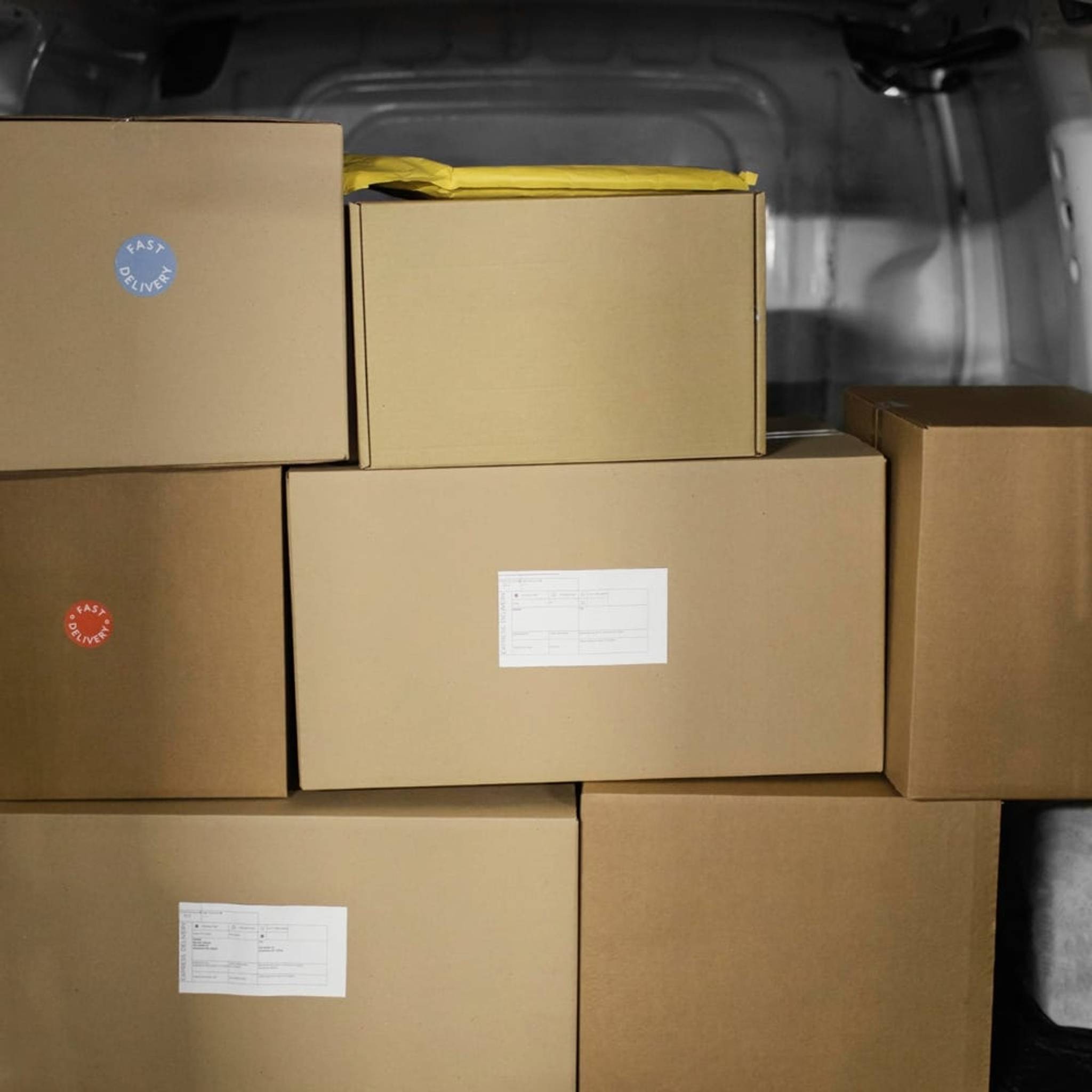 Boxes stacked up in a van