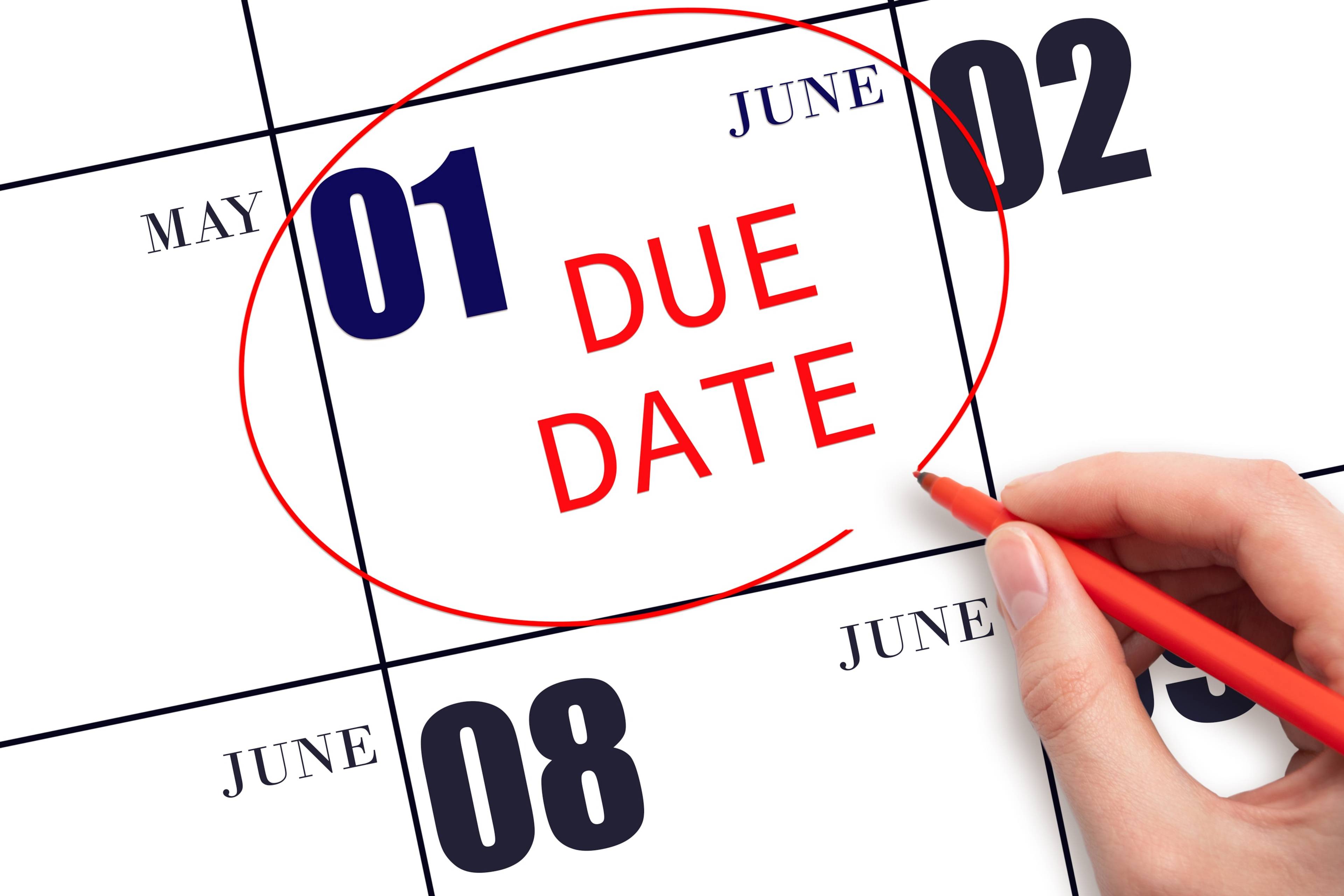 Close up on a calendar with text reading "due date" encircled.