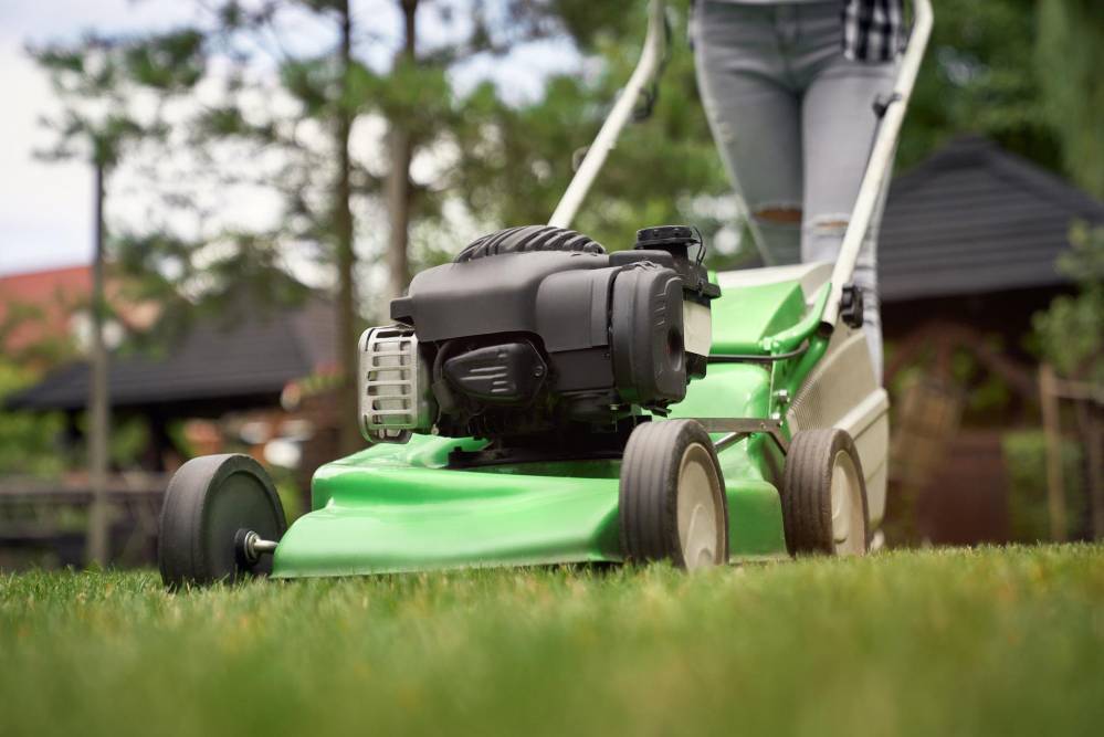 Someone pushing a green lawn mower across their garden