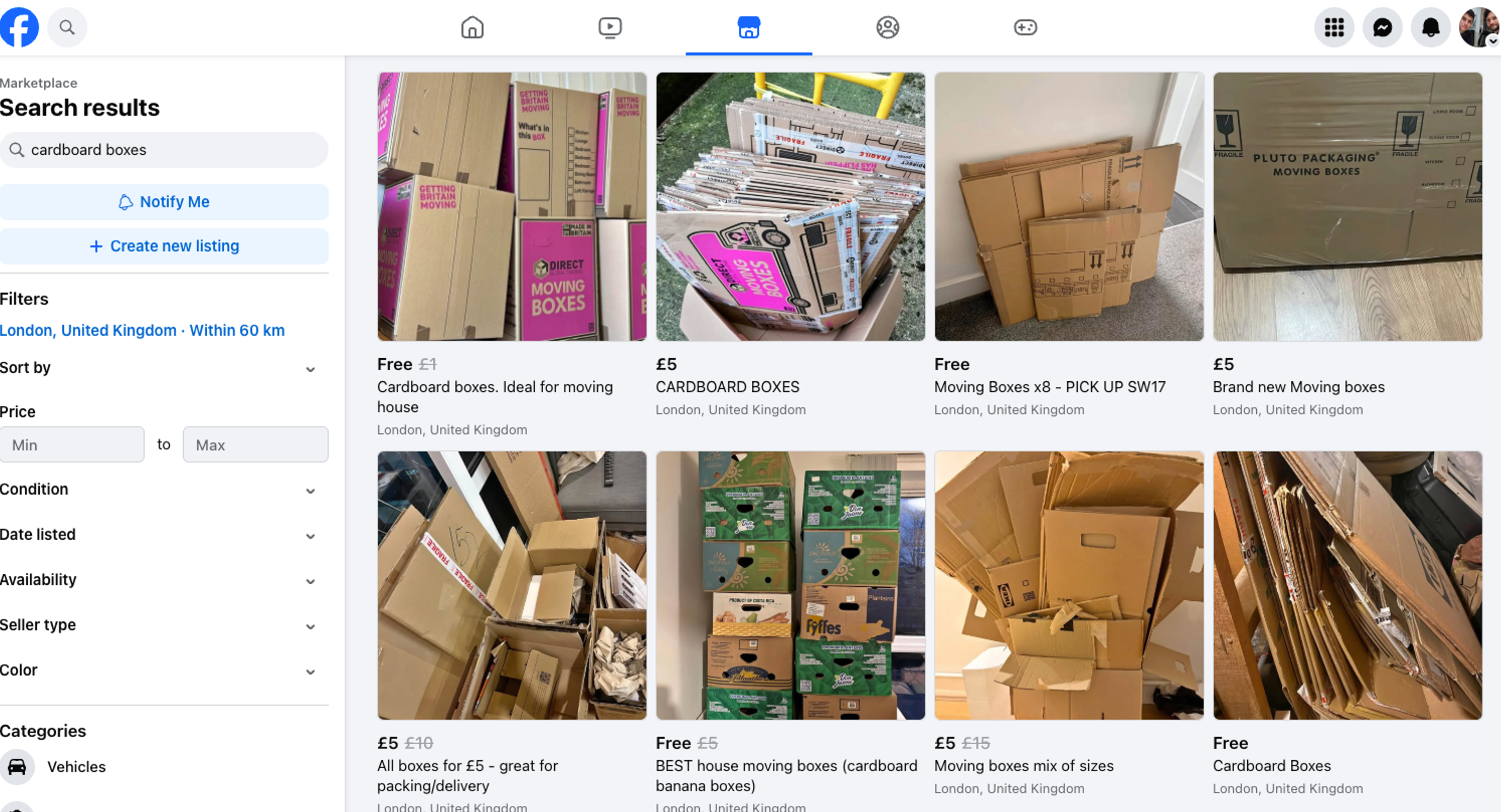 cardboard boxes on facebook marketplace