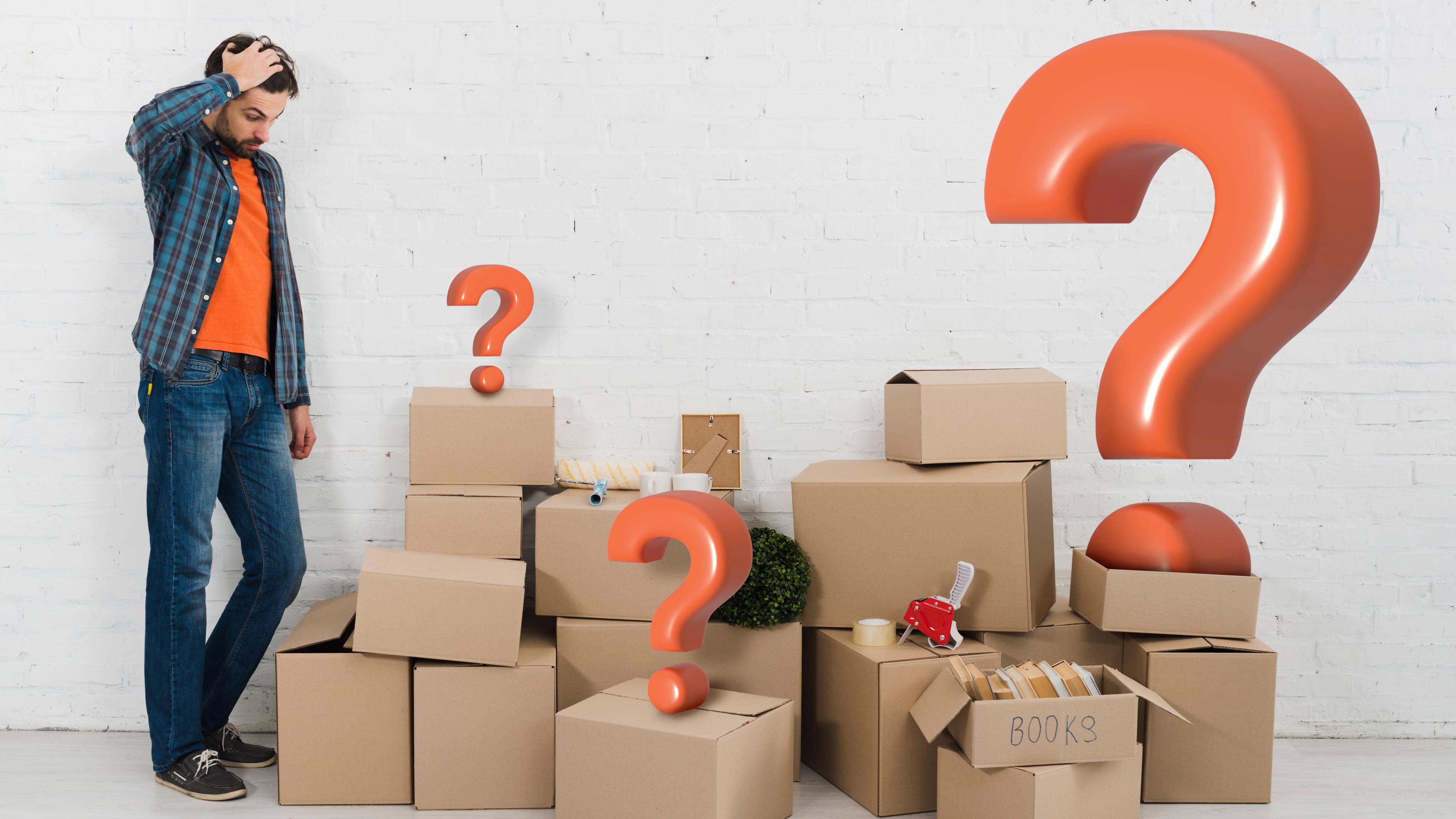 Man with boxes and question marks