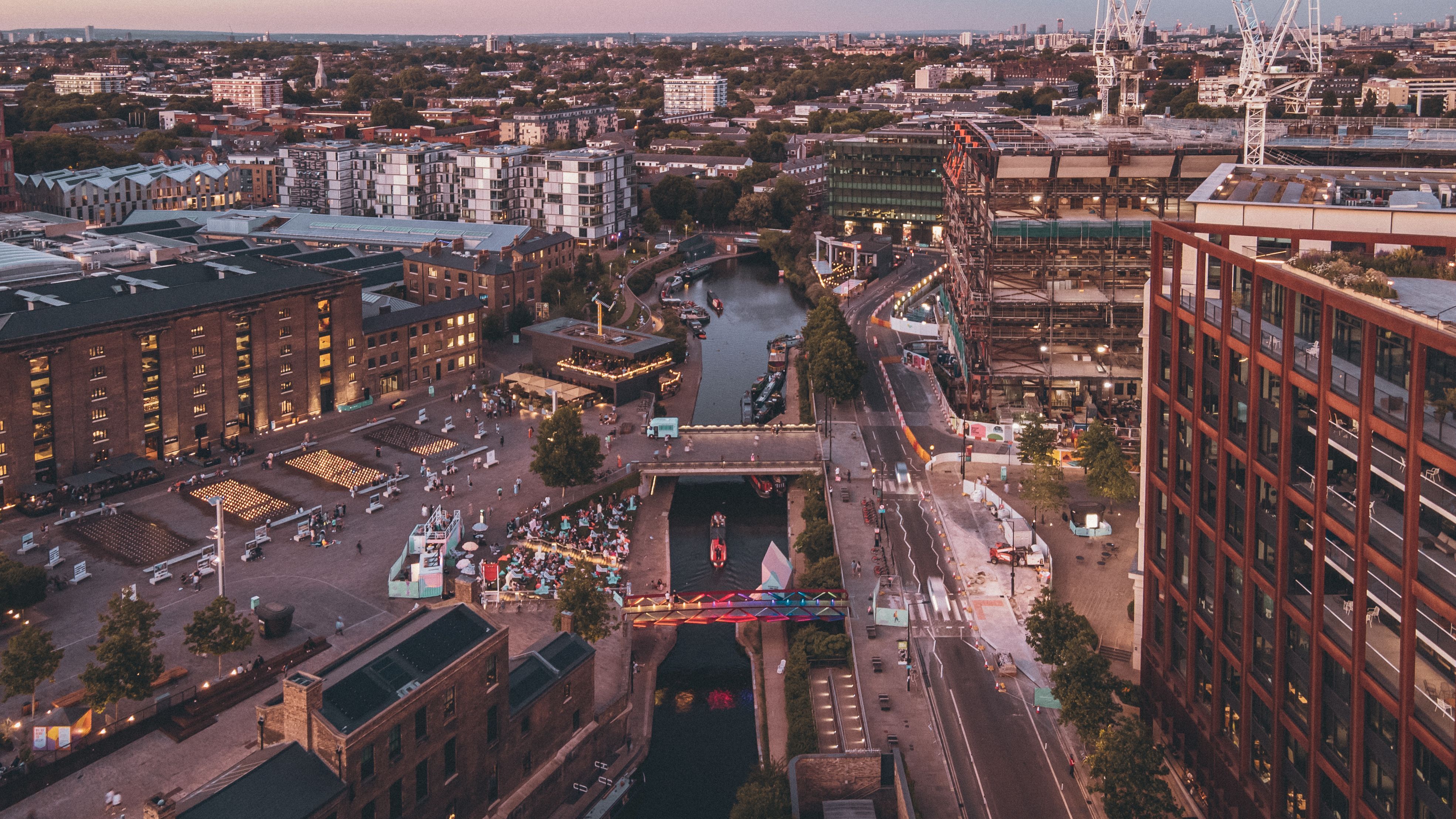 Aerial shot of the offices and business centers in Granary Square City park in London