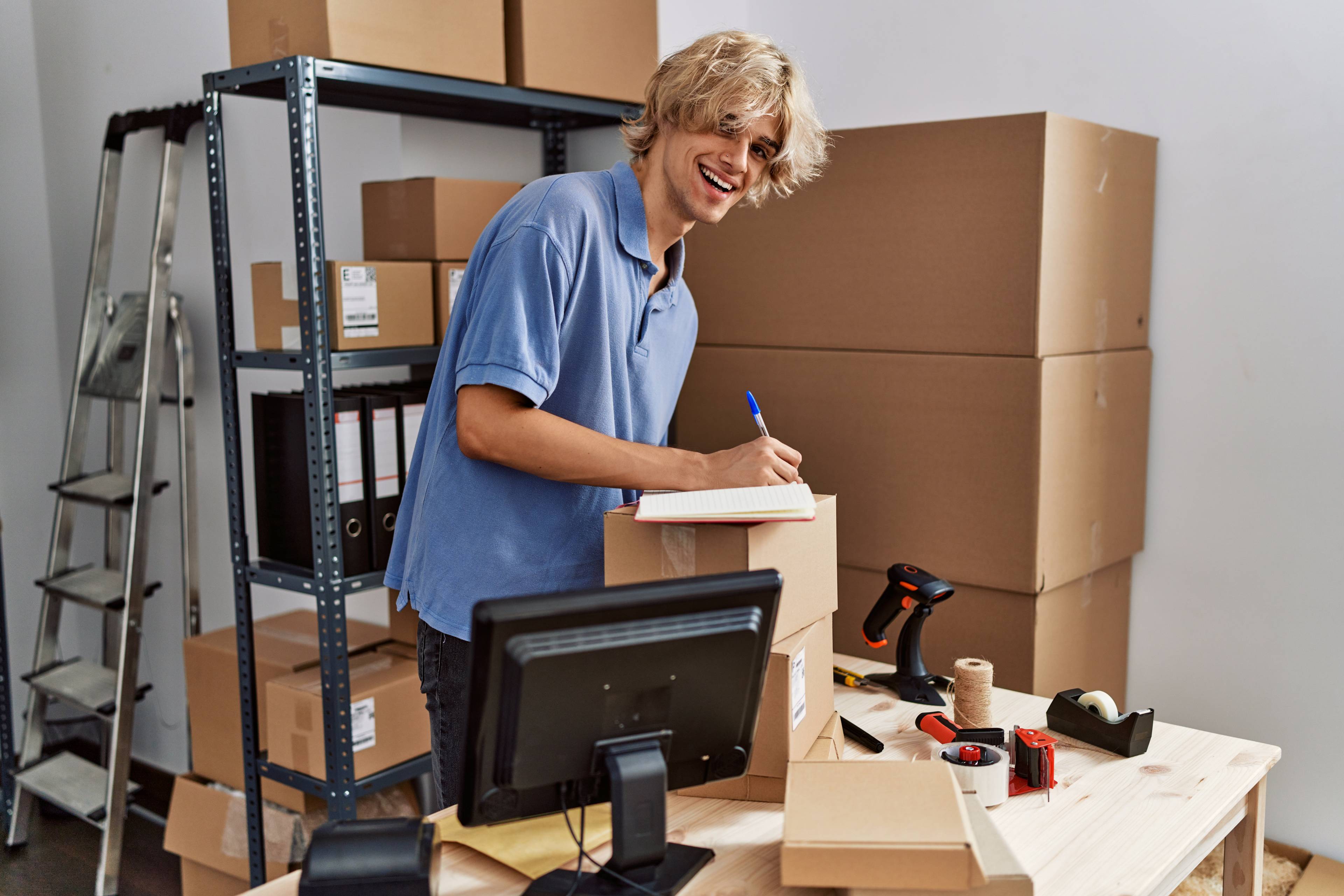 young blonde man smiling and packing boxes