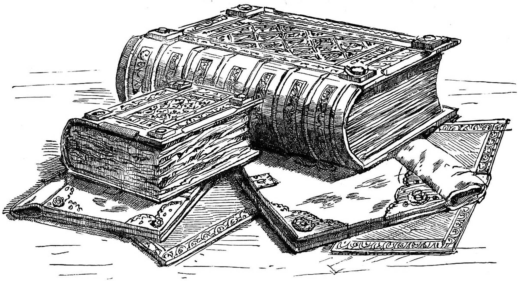 Domesday Book: an engraving published in 1900. Great Domesday (the larger volume) and Little Domesday (the smaller volume), in their 1869 bindings, lie on their older "Tudor" bindings.