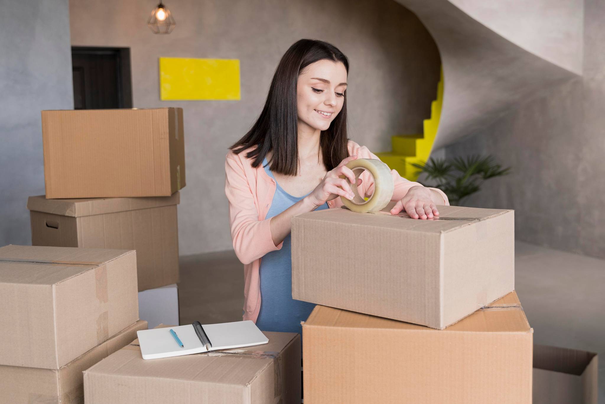 Woman preparing boxes for storage.