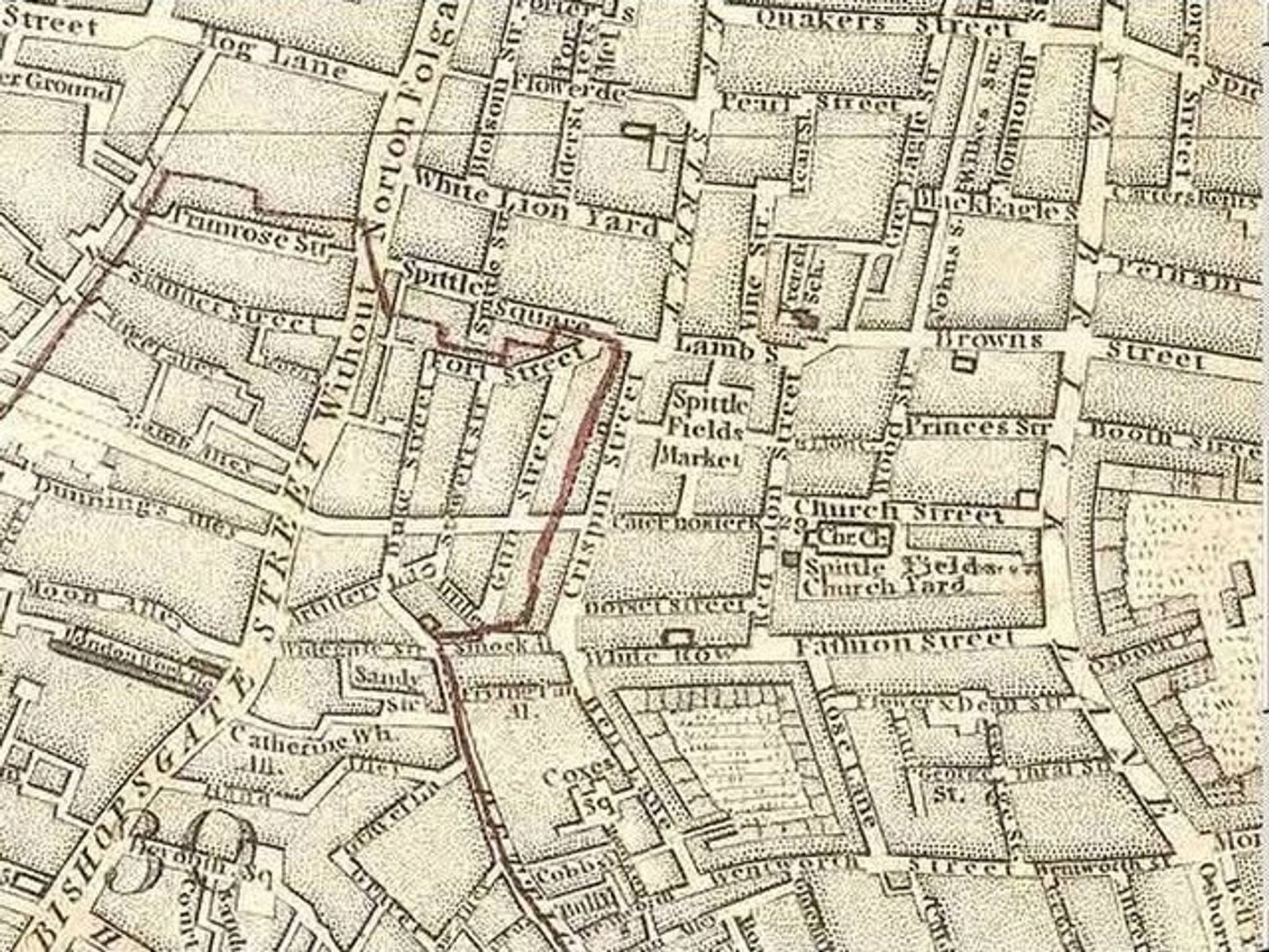 Map, publisher unknown, dated 1787, showing Spitalfields (Spittlefields) and its environs