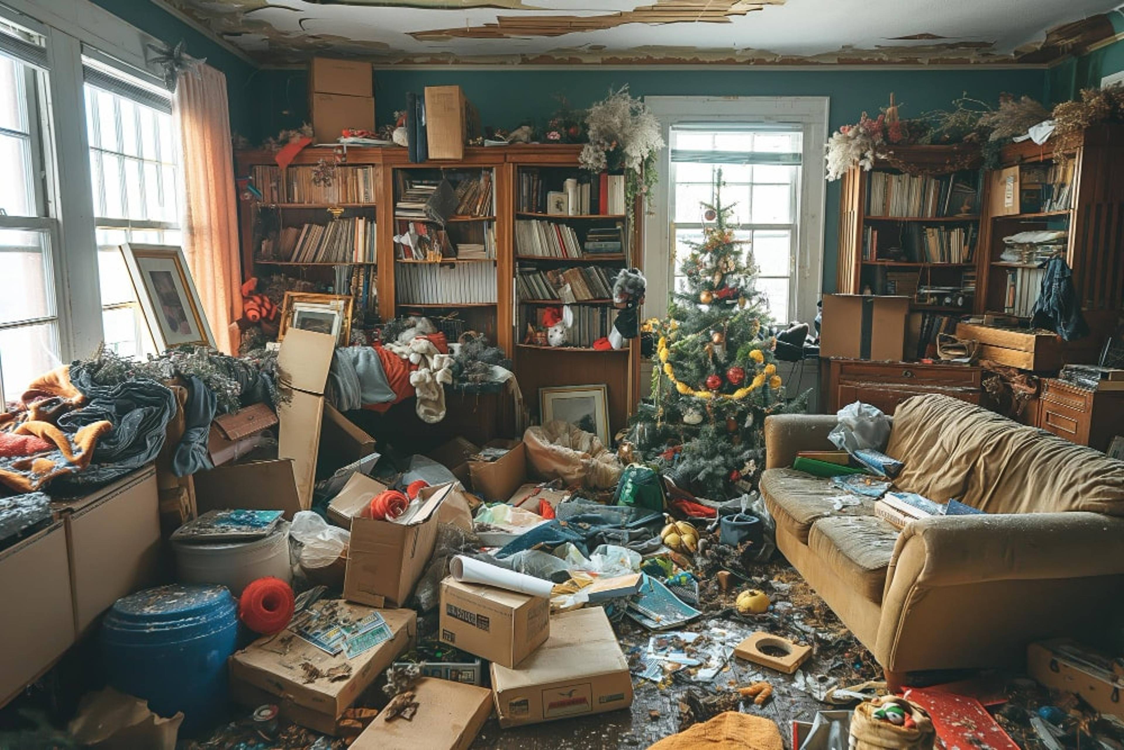 An AI generated image of a room, messy and filled with clutter