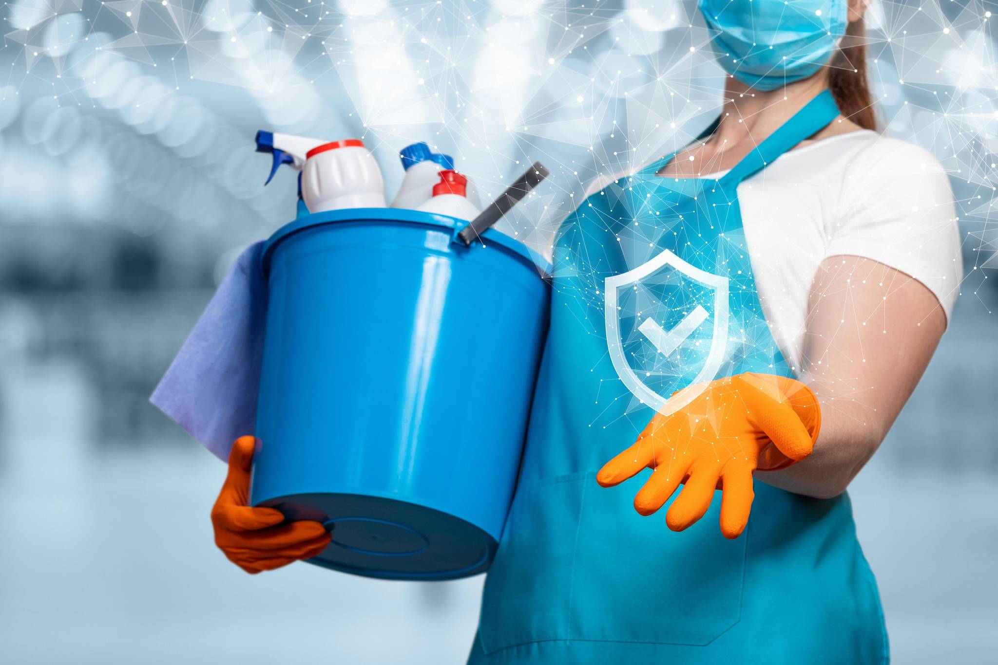 Cleaning lady carrying bucket full of cleaning materials