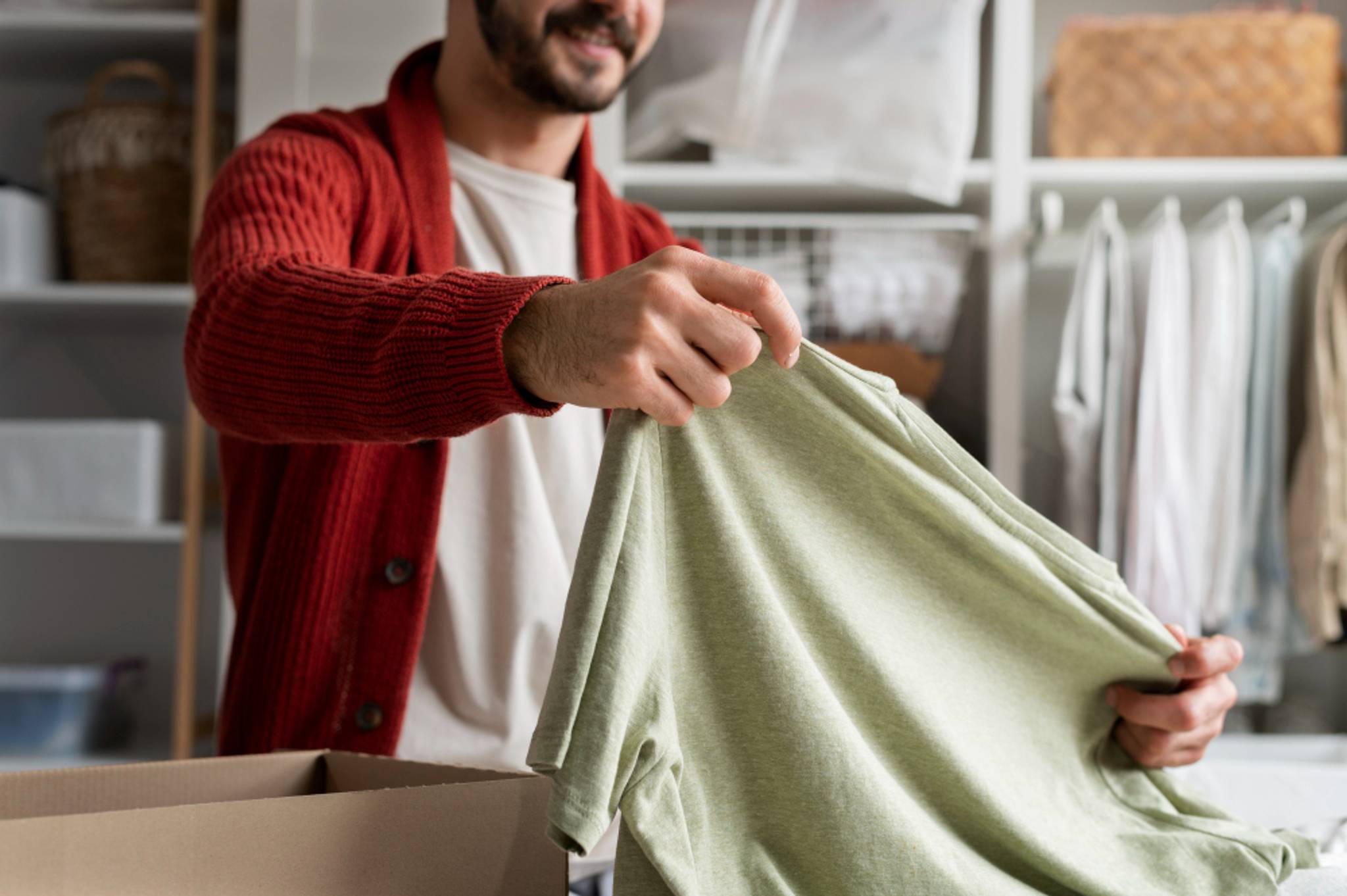 man smiling preparing holding item of clothing